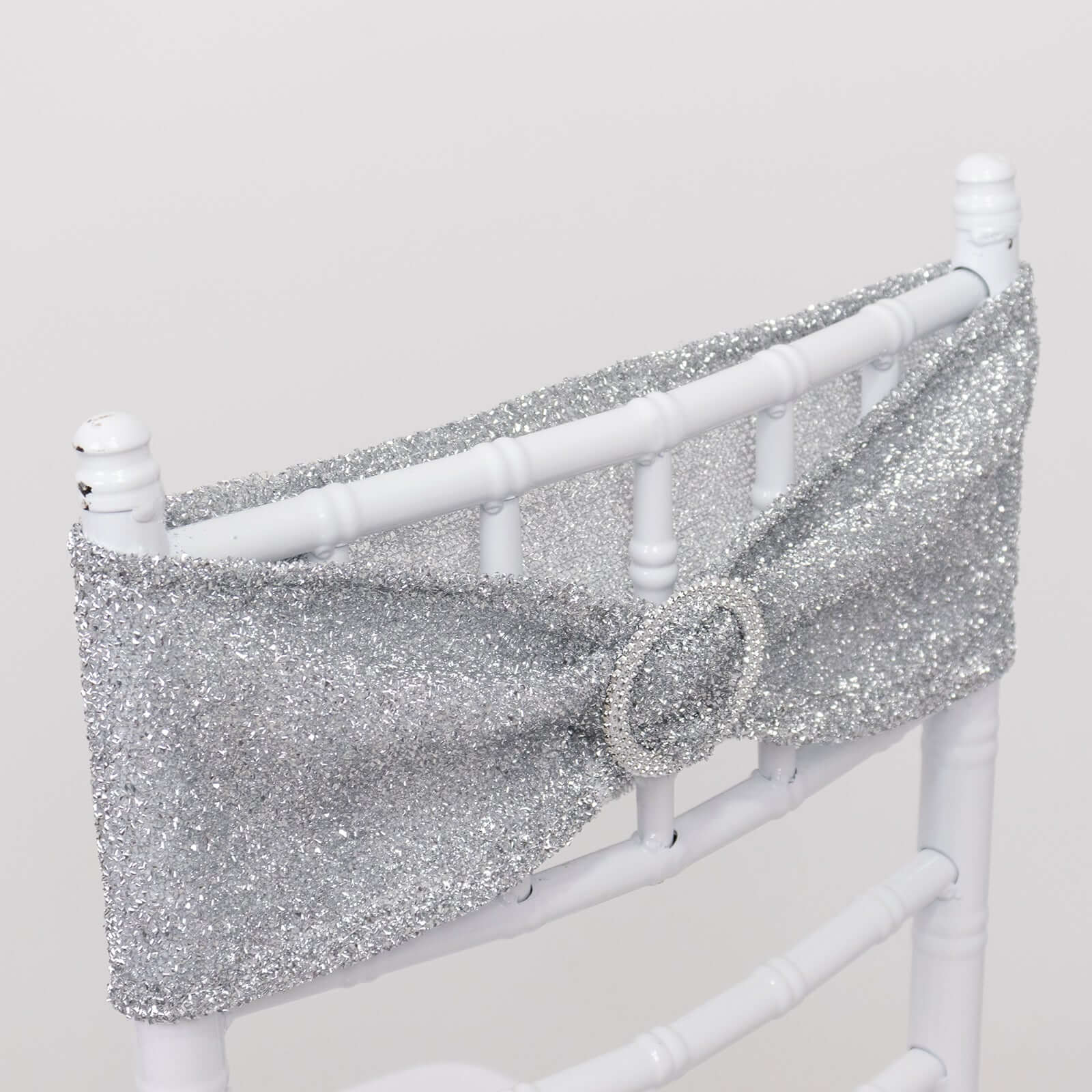 5 Pack Spandex Chair Sashes Silver Shimmer Tinsel 5"x12" with Silver Rhinestone Buckles - Stylish Design - Image 6