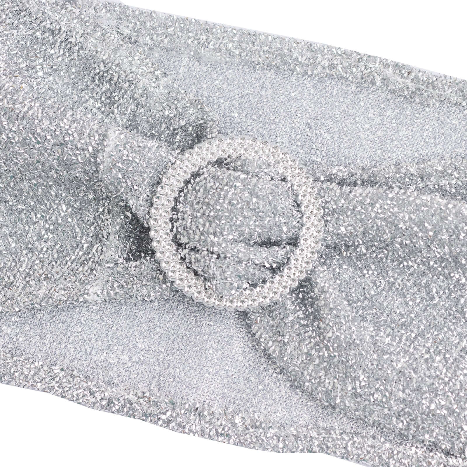 5 Pack Spandex Chair Sashes Silver Shimmer Tinsel 5"x12" with Silver Rhinestone Buckles - Stylish Design - Image 8