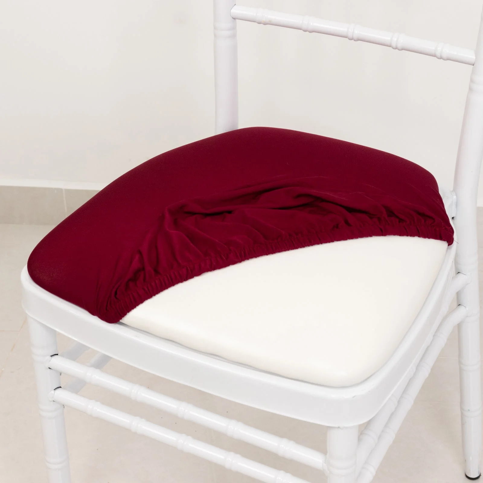 5 Pack Spandex Chiavari Chair Cushion Covers Burgundy - Washable Stretch Fitted Seat Pad Slipcovers for Dining Chairs - Image 2