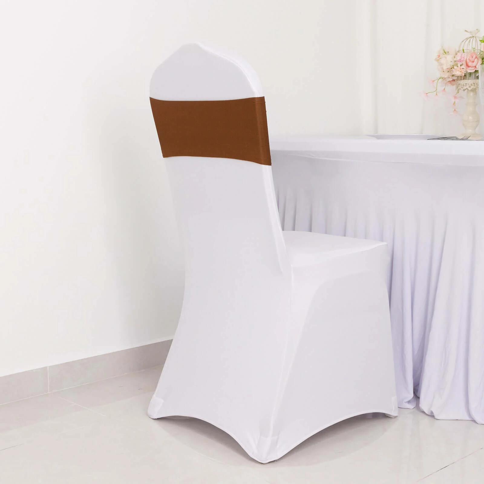 5 Pack Stretch Spandex Chair Sashes 5"x12" Cinnamon Brown - Two Ply Heavy Duty Fitted Chair Bands - Image 2