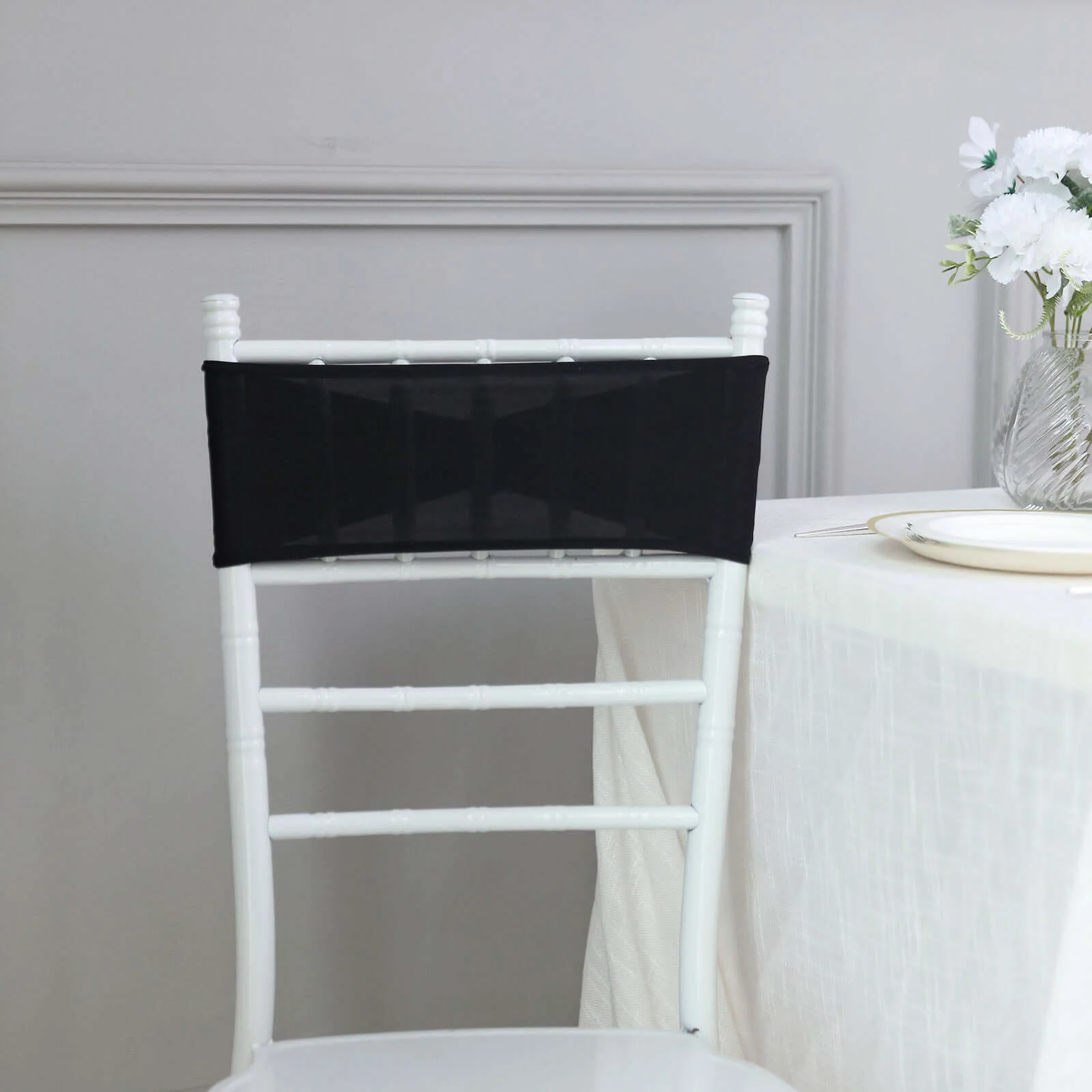 5 Pack Stretch Spandex Chair Sashes 5"x14" Black with Silver Diamond Ring Slide Buckle - Durable Fitted Chair Bands - Image 2