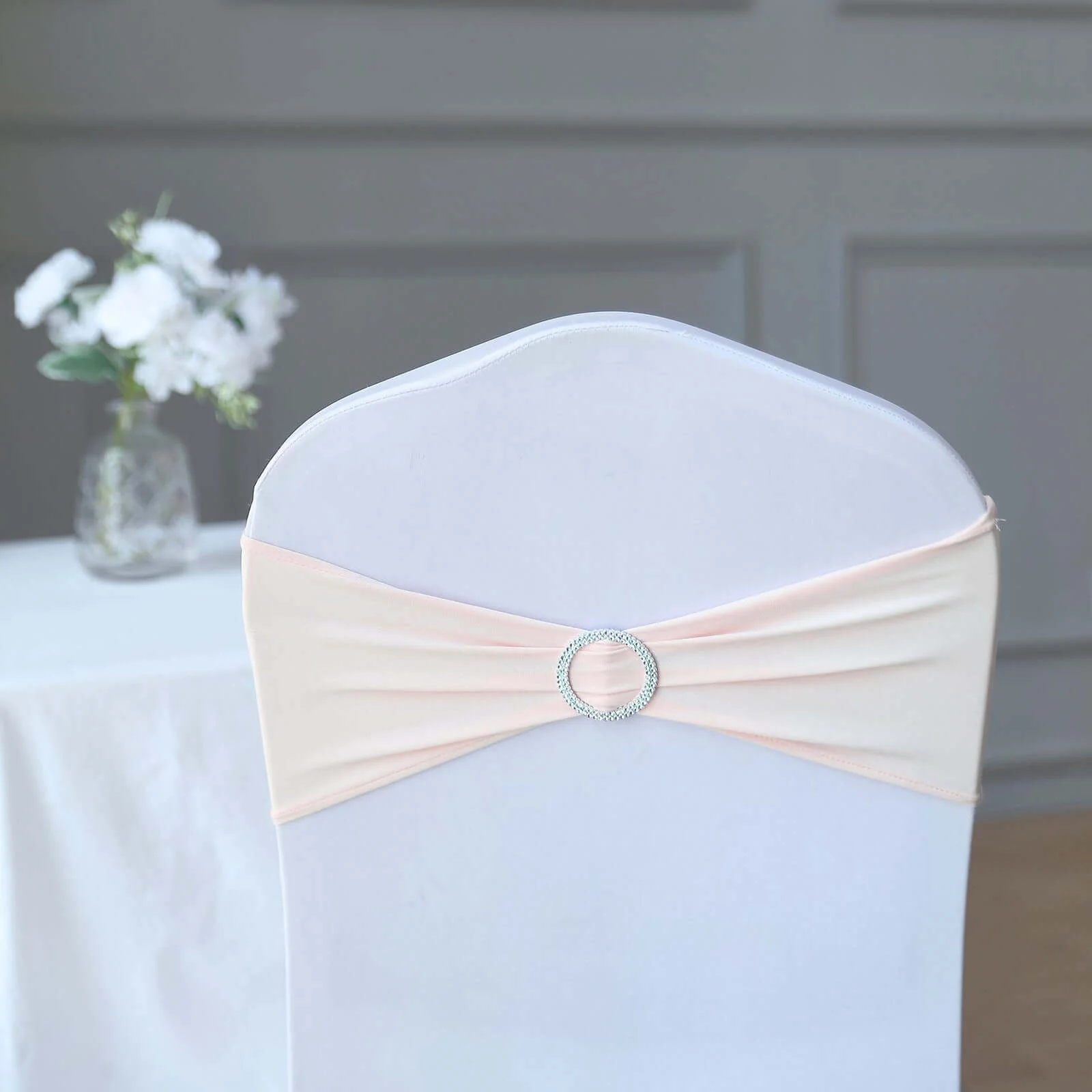 5 Pack Stretch Spandex Chair Sashes 5"x14" Blush with Silver Diamond Ring Slide Buckle - Durable Fitted Chair Bands