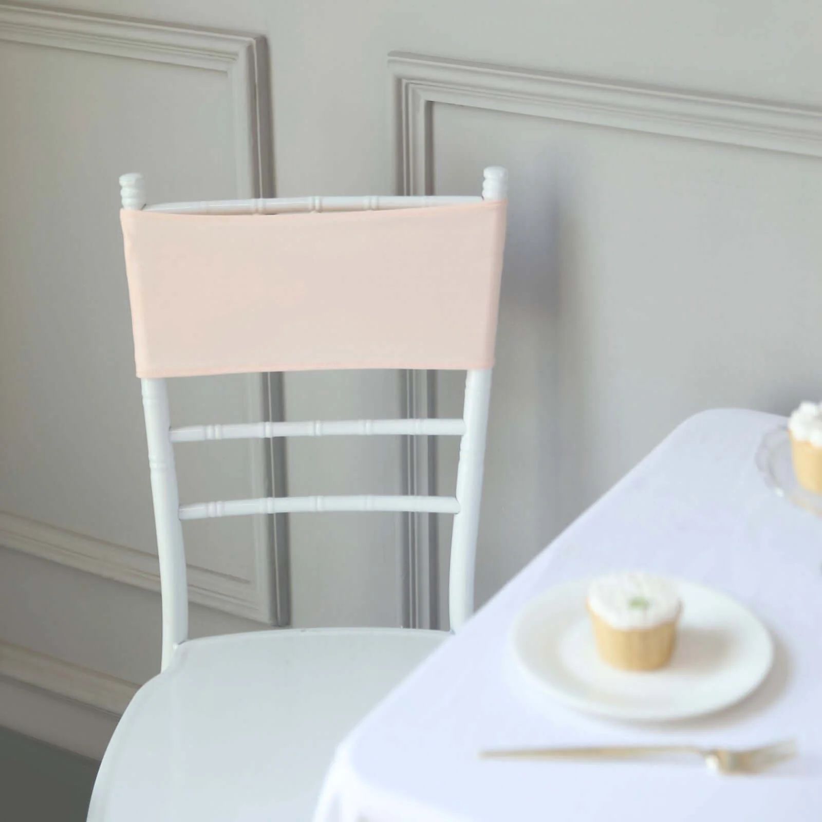 5 Pack Stretch Spandex Chair Sashes 5"x14" Blush with Silver Diamond Ring Slide Buckle - Durable Fitted Chair Bands - Image 10