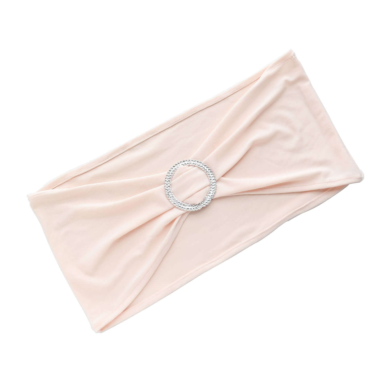 5 Pack Stretch Spandex Chair Sashes 5"x14" Blush with Silver Diamond Ring Slide Buckle - Durable Fitted Chair Bands - Image 8