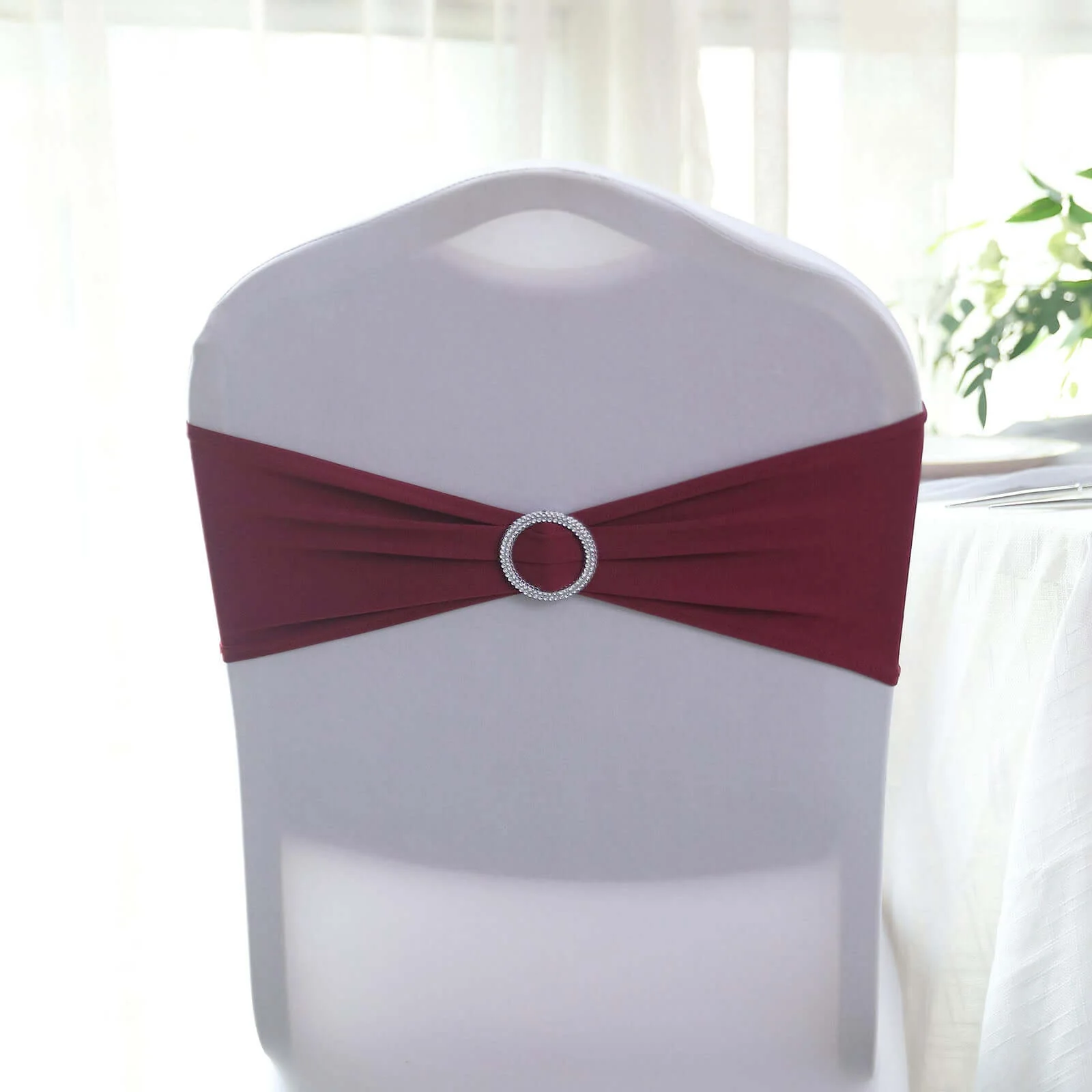 5 Pack Stretch Spandex Chair Sashes 5"x14" Burgundy with Silver Diamond Ring Slide Buckle - Durable Fitted Chair Bands - Image 6