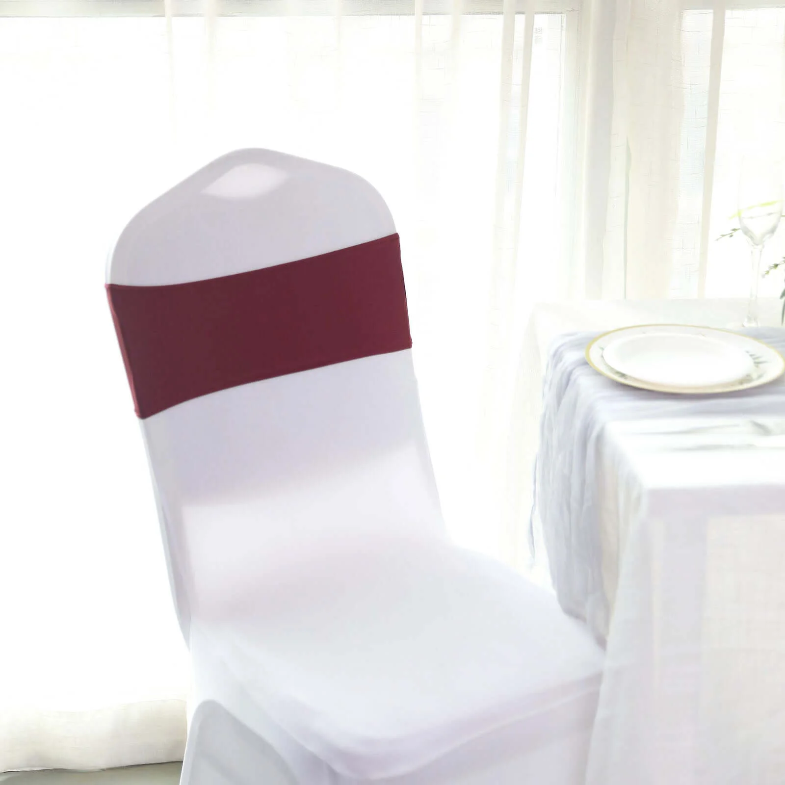 5 Pack Stretch Spandex Chair Sashes 5"x14" Burgundy with Silver Diamond Ring Slide Buckle - Durable Fitted Chair Bands - Image 8