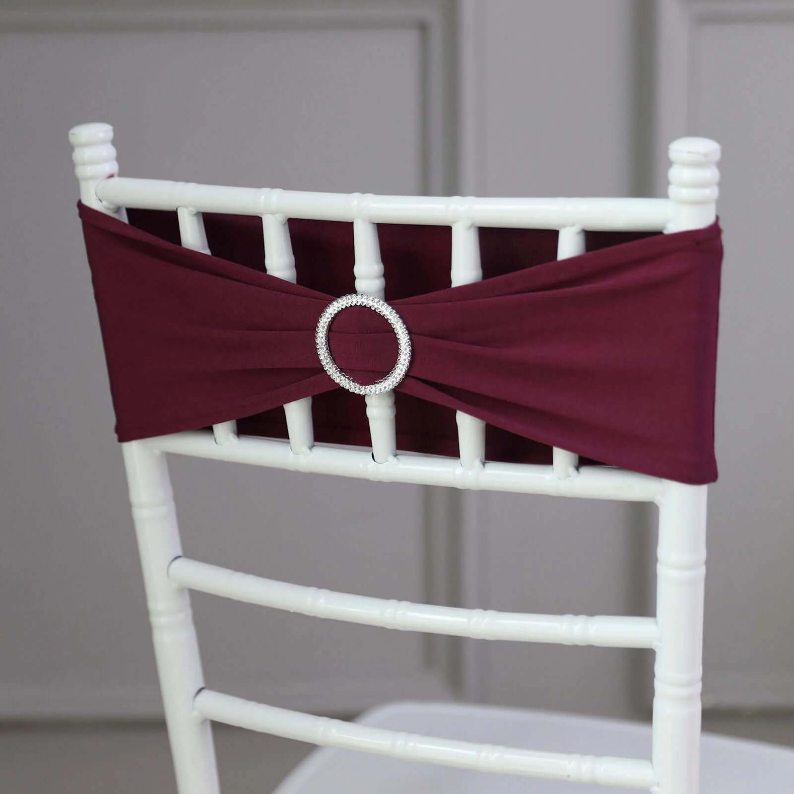5 Pack Stretch Spandex Chair Sashes 5"x14" Burgundy with Silver Diamond Ring Slide Buckle - Durable Fitted Chair Bands - Image 9