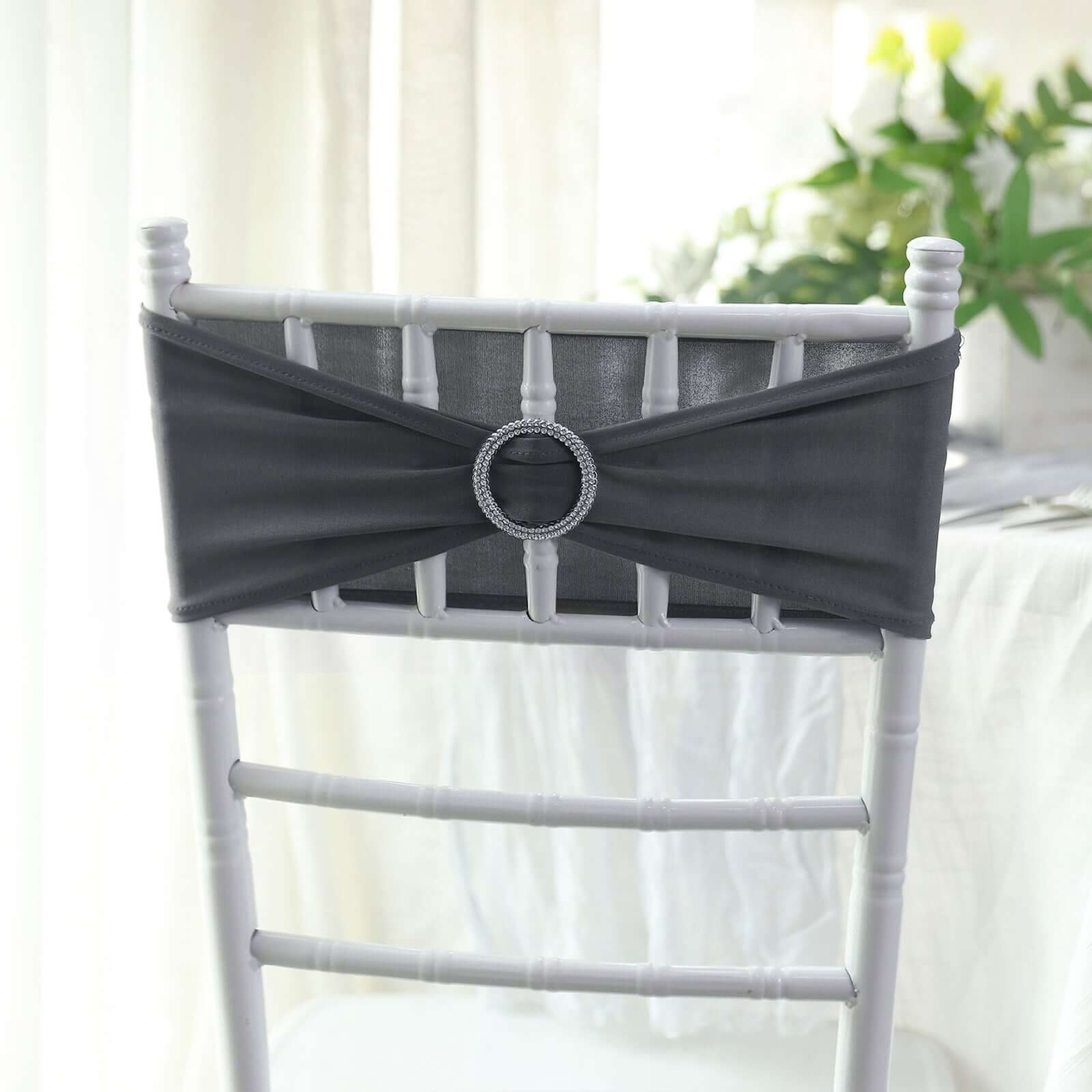 5 Pack Stretch Spandex Chair Sashes 5"x14" Charcoal Gray with Silver Diamond Ring Slide Buckle - Durable Fitted Chair Bands - Image 10