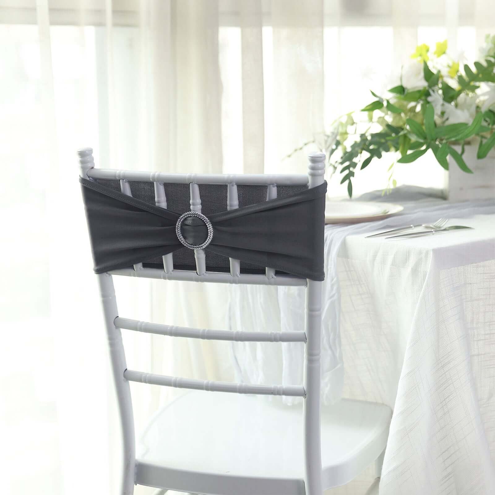 5 Pack Stretch Spandex Chair Sashes 5"x14" Charcoal Gray with Silver Diamond Ring Slide Buckle - Durable Fitted Chair Bands - Image 11