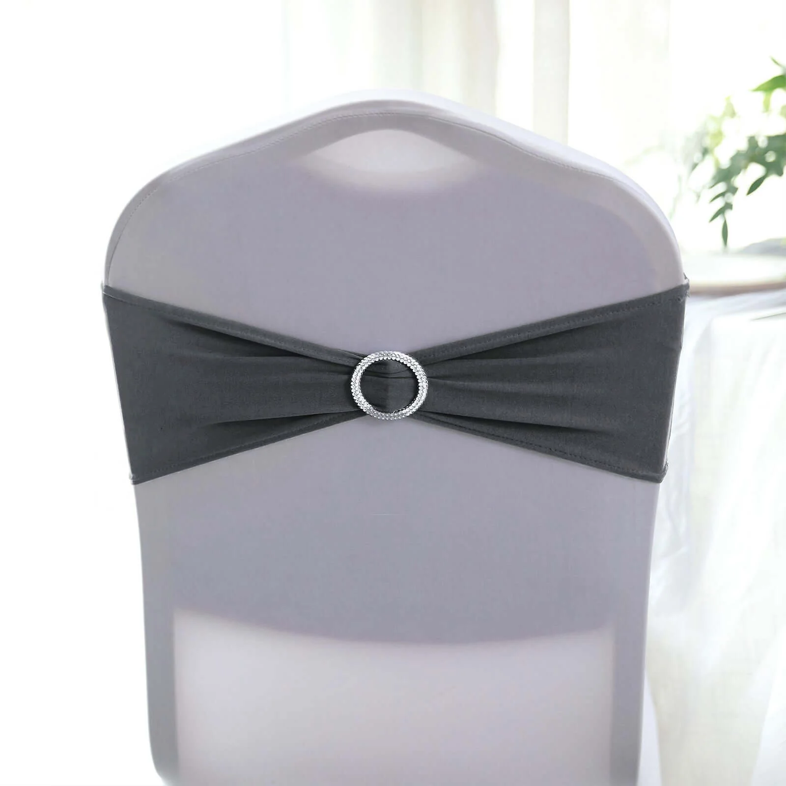 5 Pack Stretch Spandex Chair Sashes 5"x14" Charcoal Gray with Silver Diamond Ring Slide Buckle - Durable Fitted Chair Bands - Image 6