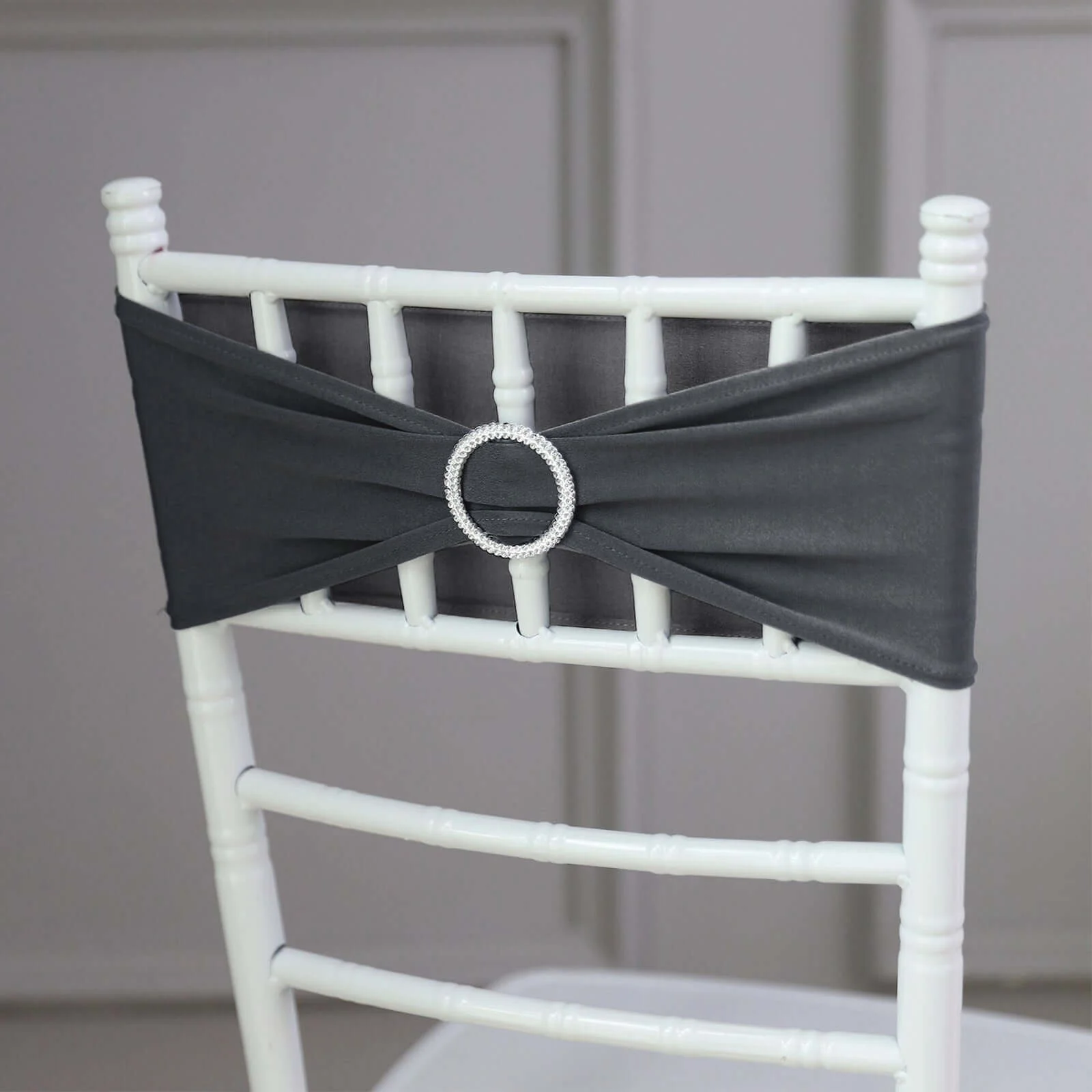 5 Pack Stretch Spandex Chair Sashes 5"x14" Charcoal Gray with Silver Diamond Ring Slide Buckle - Durable Fitted Chair Bands - Image 9