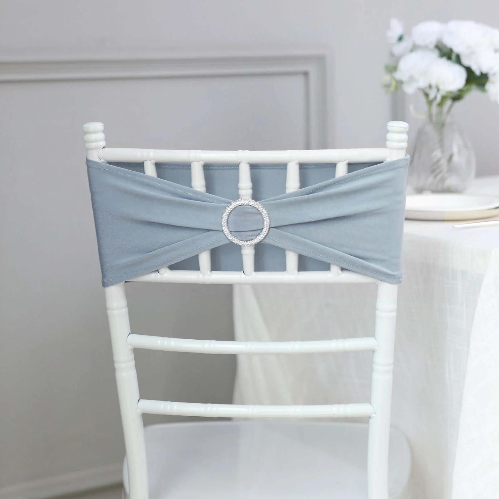 5 Pack Stretch Spandex Chair Sashes 5"x14" Dusty Blue with Silver Diamond Ring Slide Buckle - Durable Fitted Chair Bands