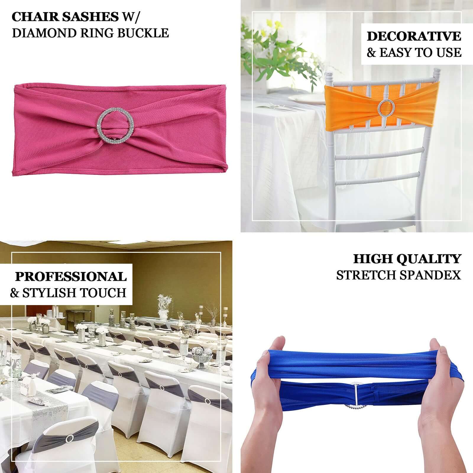 5 Pack Stretch Spandex Chair Sashes 5"x14" Dusty Blue with Silver Diamond Ring Slide Buckle - Durable Fitted Chair Bands - Image 4