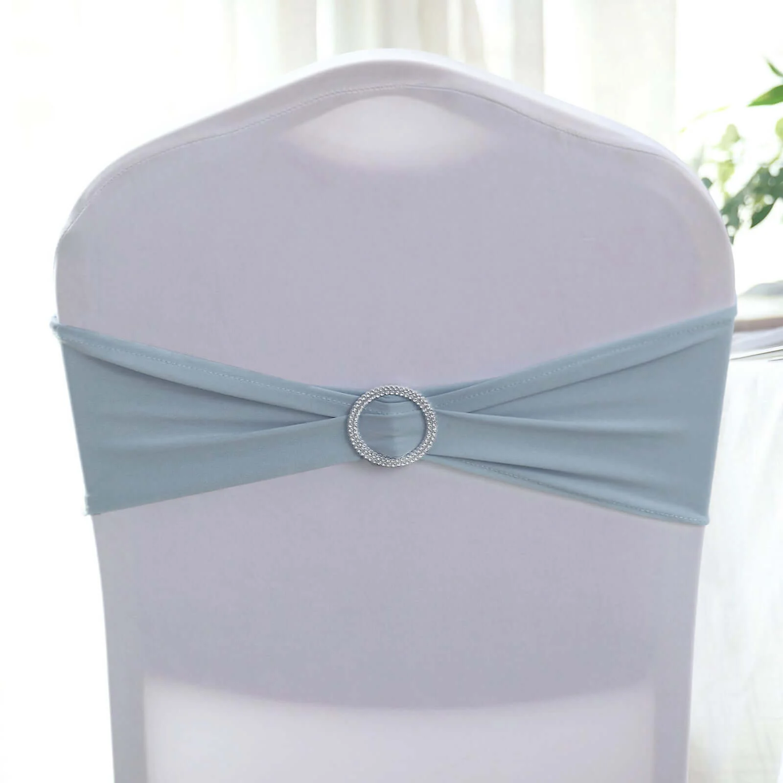 5 Pack Stretch Spandex Chair Sashes 5"x14" Dusty Blue with Silver Diamond Ring Slide Buckle - Durable Fitted Chair Bands - Image 6