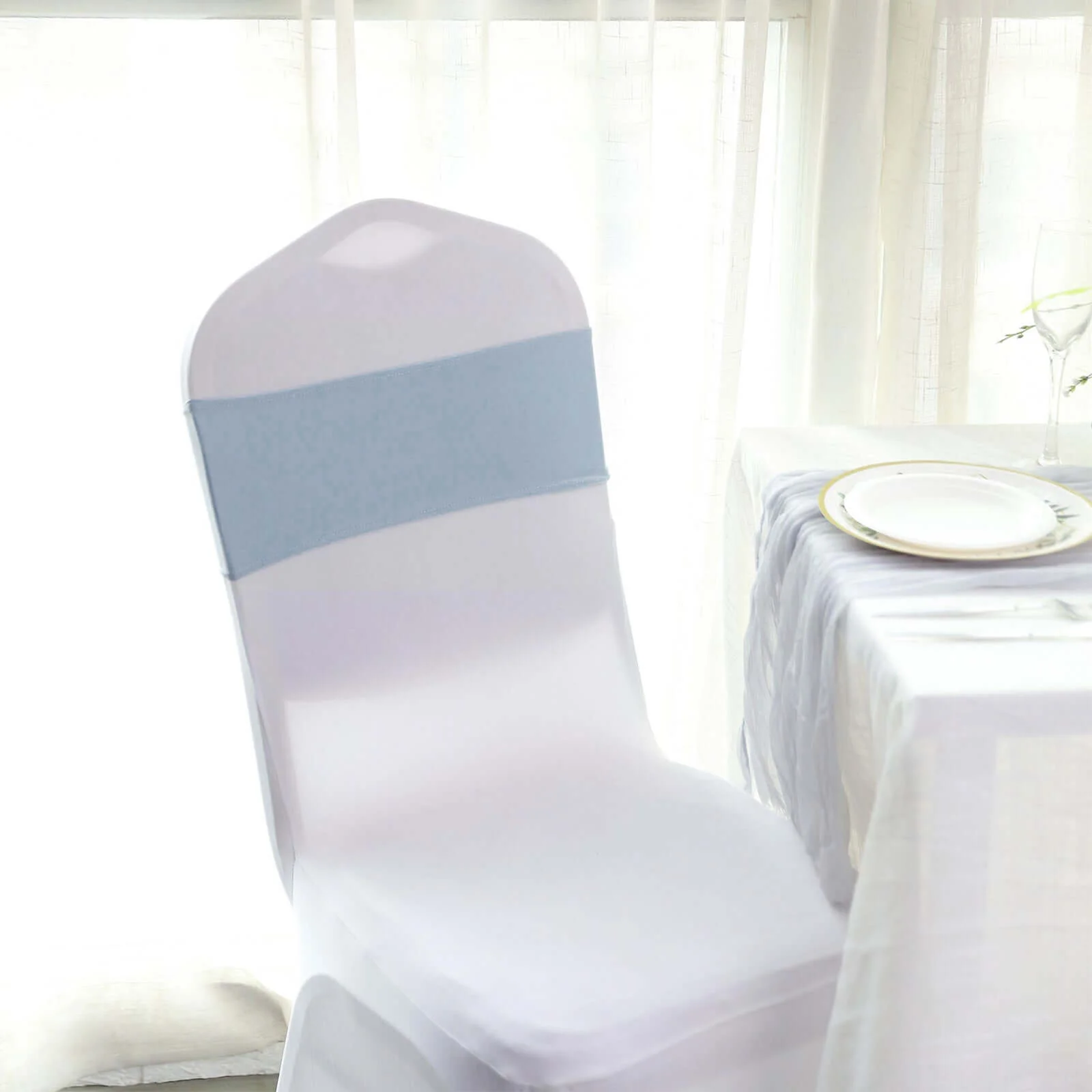 5 Pack Stretch Spandex Chair Sashes 5"x14" Dusty Blue with Silver Diamond Ring Slide Buckle - Durable Fitted Chair Bands - Image 8