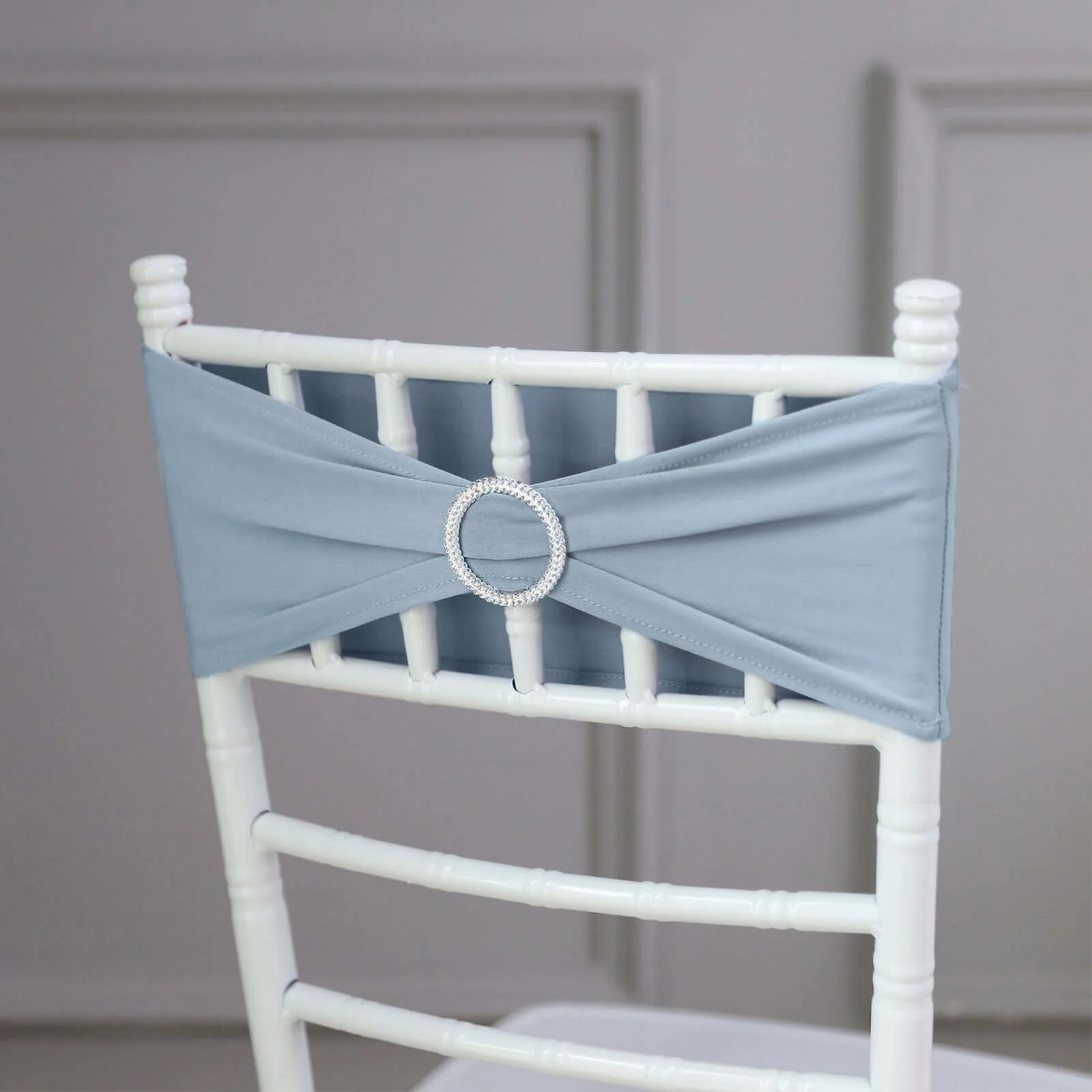 5 Pack Stretch Spandex Chair Sashes 5"x14" Dusty Blue with Silver Diamond Ring Slide Buckle - Durable Fitted Chair Bands - Image 9