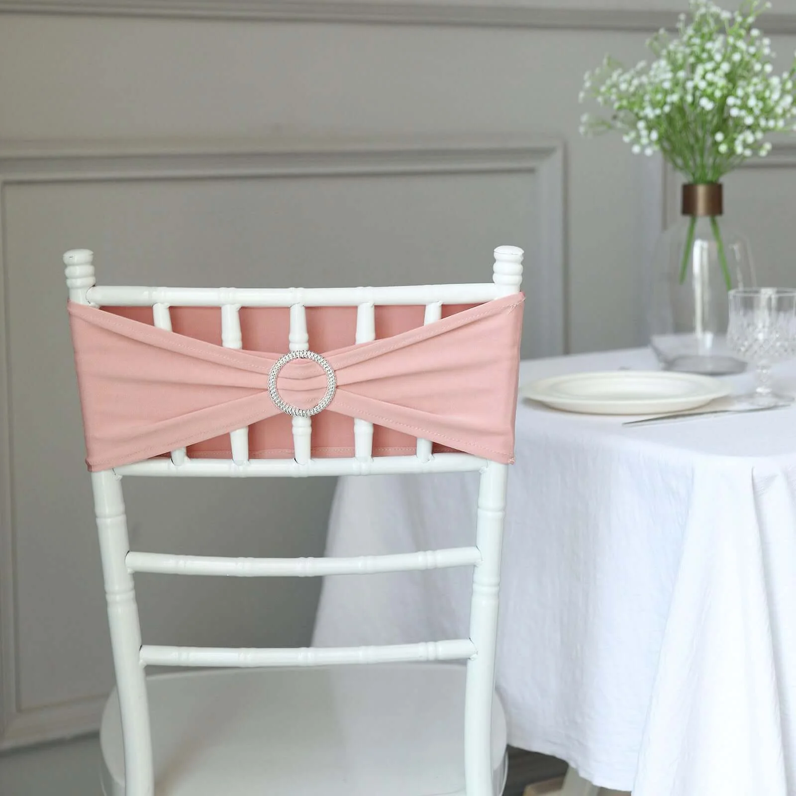 5 Pack Stretch Spandex Chair Sashes 5"x14" Dusty Rose with Silver Diamond Ring Slide Buckle - Durable Fitted Chair Bands