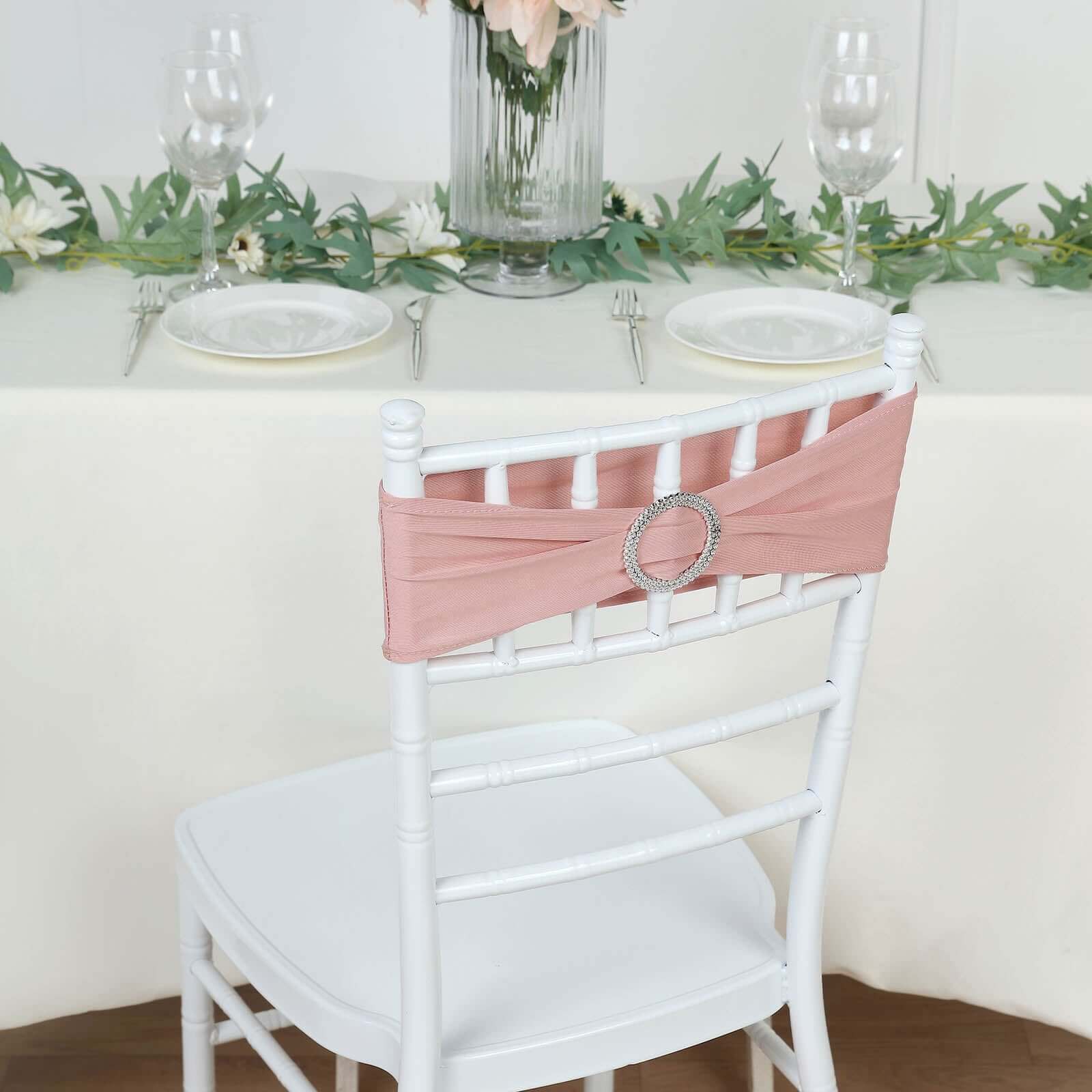 5 Pack Stretch Spandex Chair Sashes 5"x14" Dusty Rose with Silver Diamond Ring Slide Buckle - Durable Fitted Chair Bands - Image 10