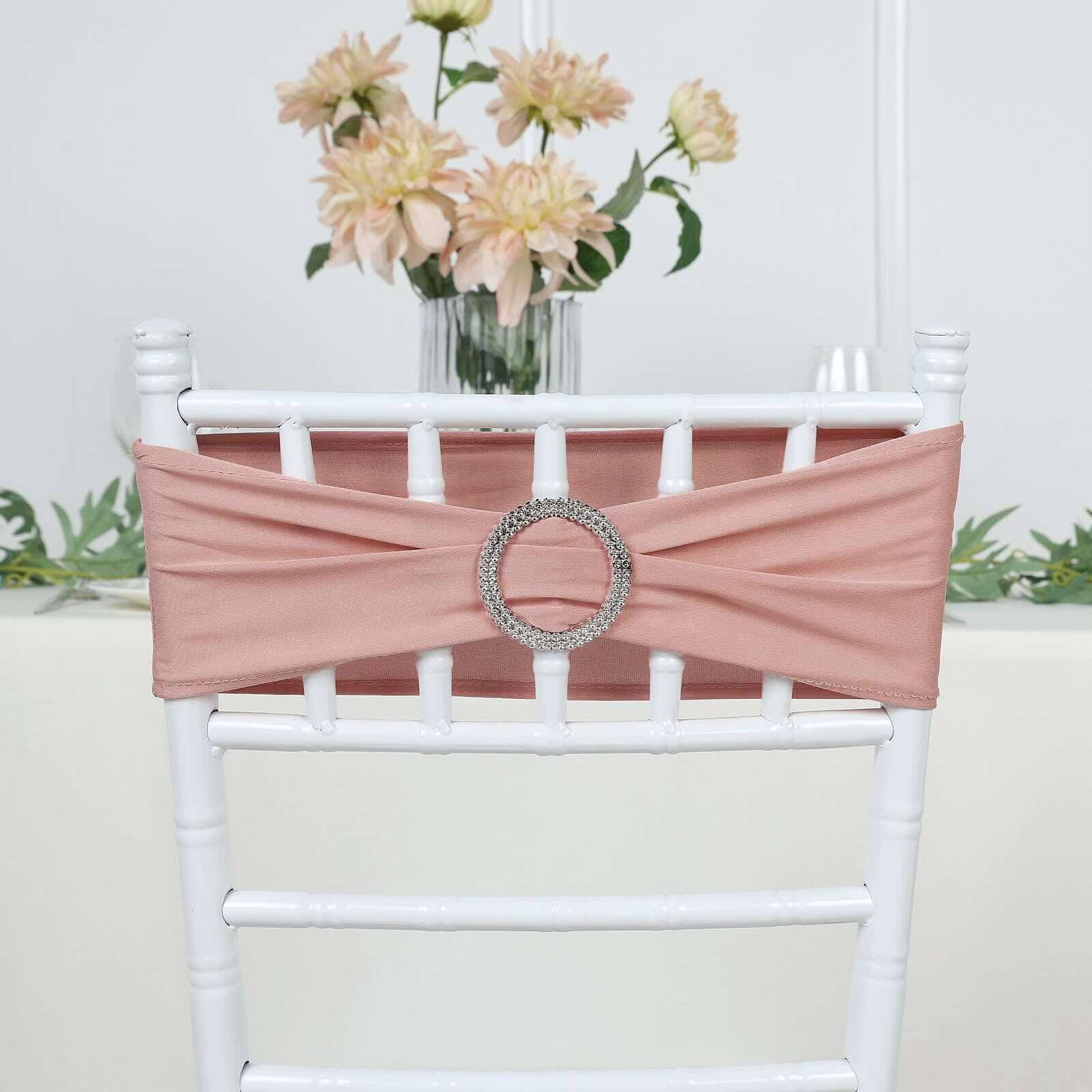 5 Pack Stretch Spandex Chair Sashes 5"x14" Dusty Rose with Silver Diamond Ring Slide Buckle - Durable Fitted Chair Bands - Image 11