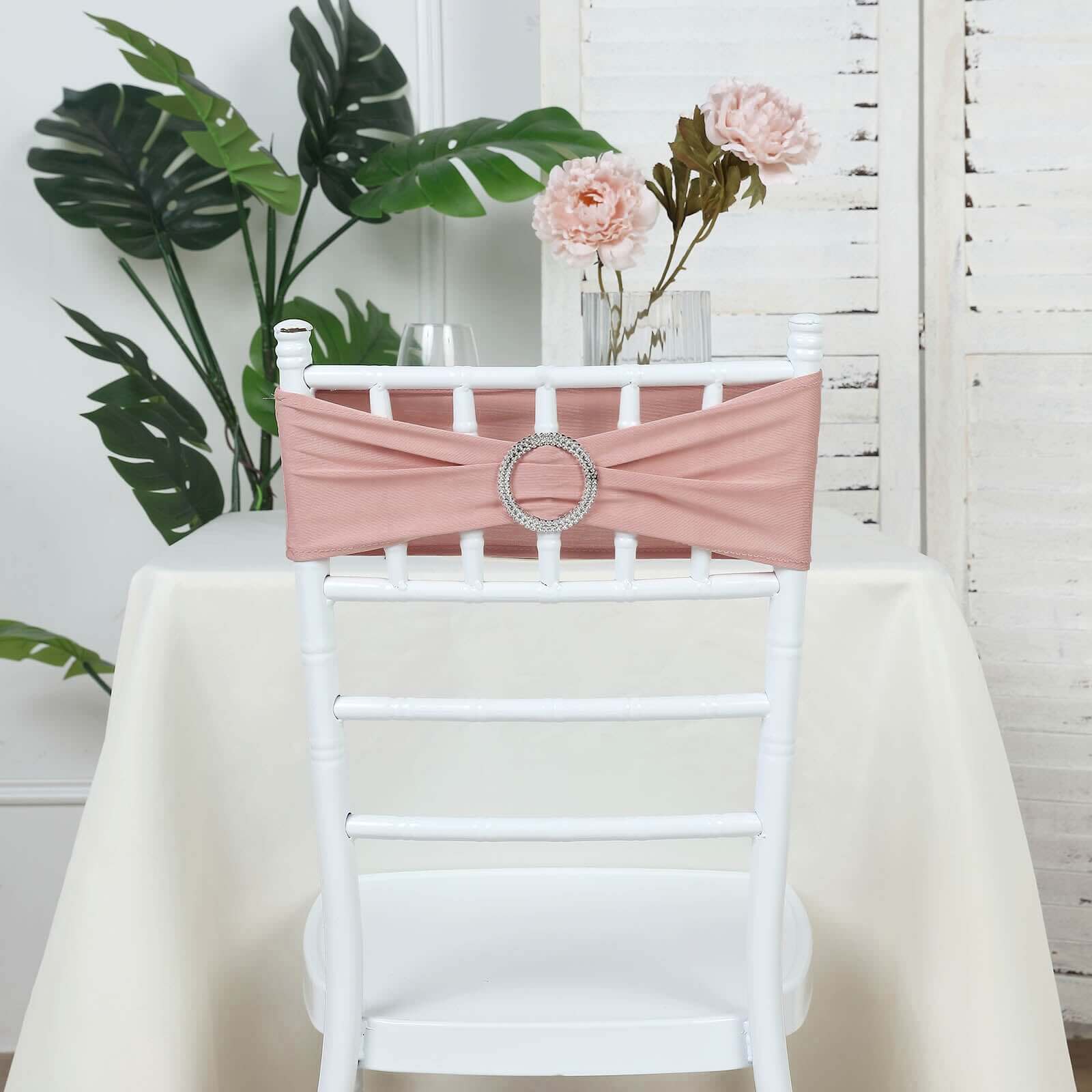5 Pack Stretch Spandex Chair Sashes 5"x14" Dusty Rose with Silver Diamond Ring Slide Buckle - Durable Fitted Chair Bands - Image 12