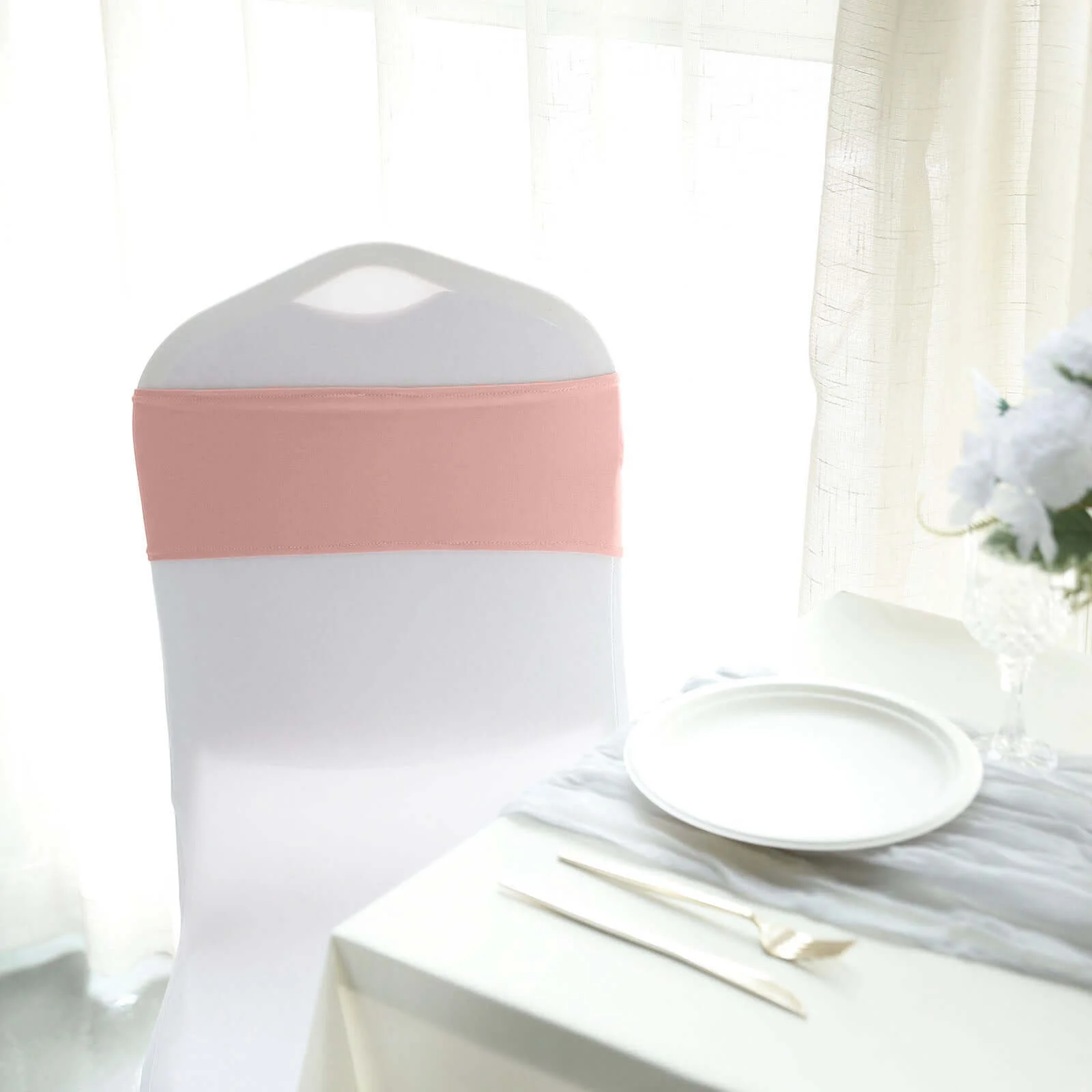 5 Pack Stretch Spandex Chair Sashes 5"x14" Dusty Rose with Silver Diamond Ring Slide Buckle - Durable Fitted Chair Bands - Image 16