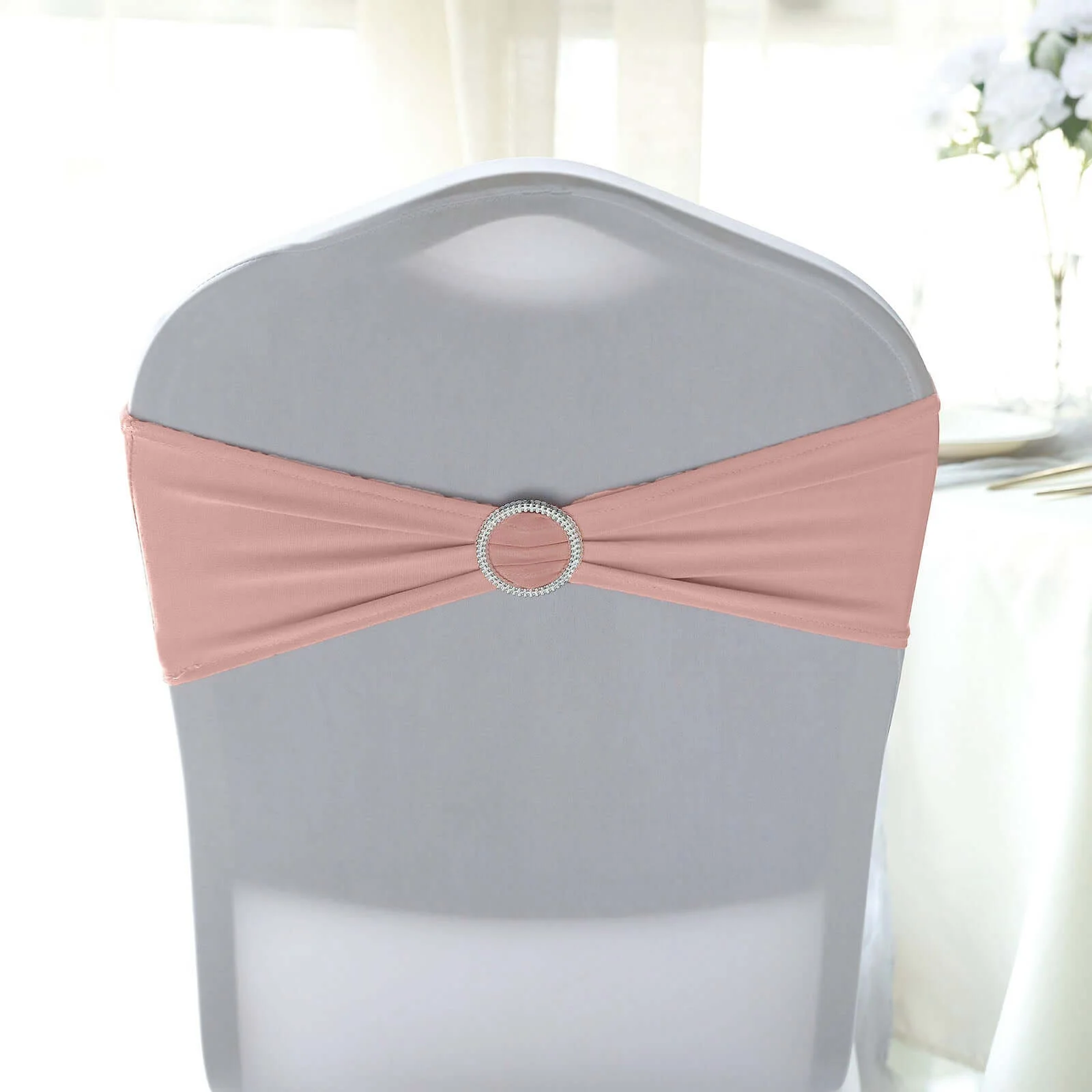 5 Pack Stretch Spandex Chair Sashes 5"x14" Dusty Rose with Silver Diamond Ring Slide Buckle - Durable Fitted Chair Bands - Image 6
