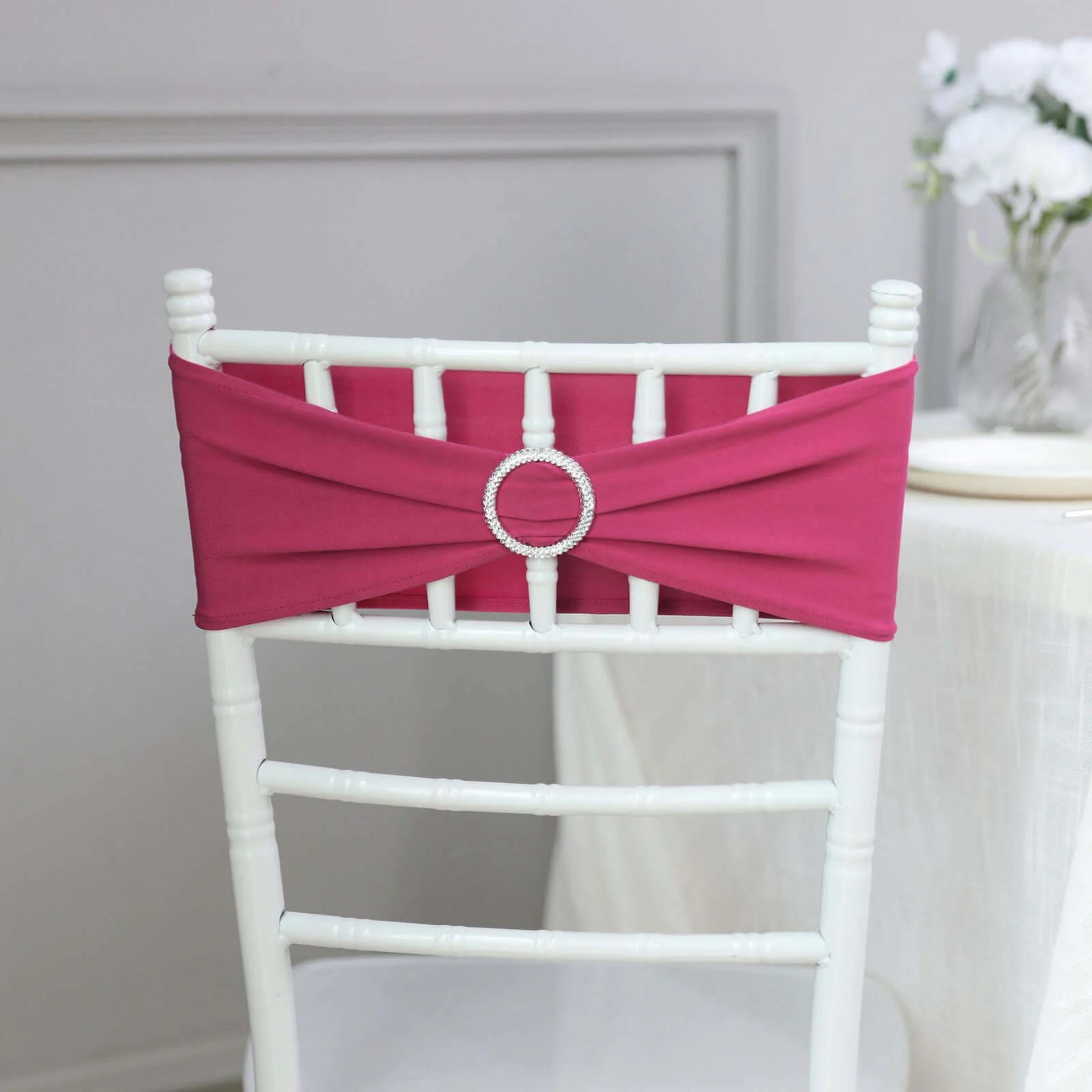 5 Pack Stretch Spandex Chair Sashes 5"x14" Fuchsia with Silver Diamond Ring Slide Buckle - Durable Fitted Chair Bands