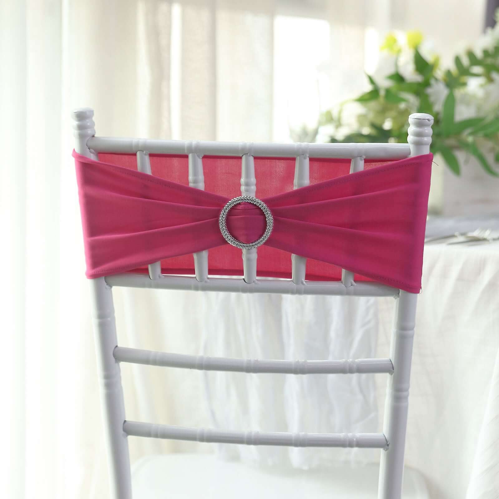 5 Pack Stretch Spandex Chair Sashes 5"x14" Fuchsia with Silver Diamond Ring Slide Buckle - Durable Fitted Chair Bands - Image 10