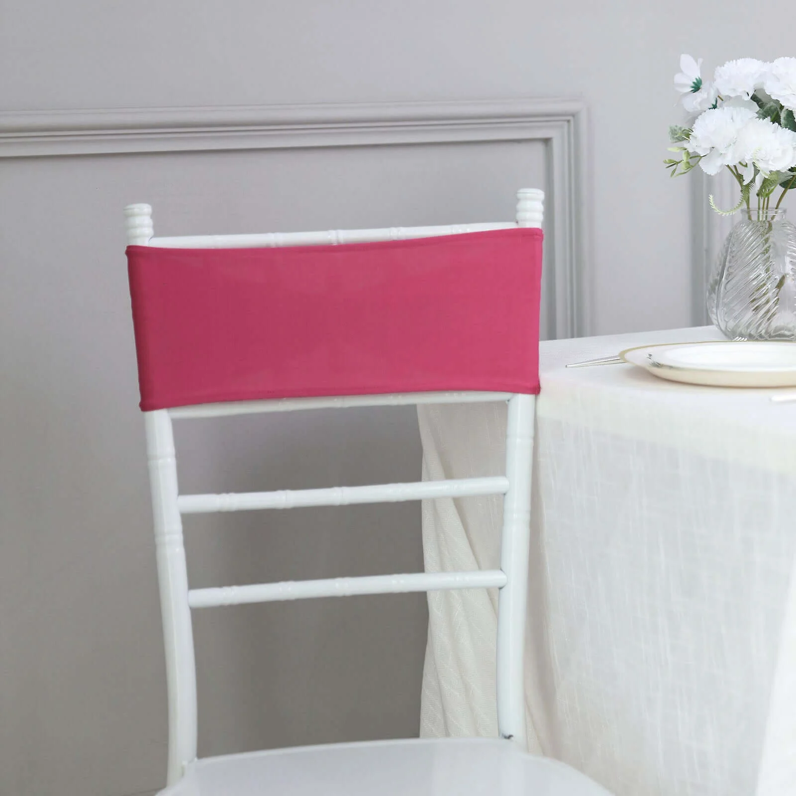 5 Pack Stretch Spandex Chair Sashes 5"x14" Fuchsia with Silver Diamond Ring Slide Buckle - Durable Fitted Chair Bands - Image 2