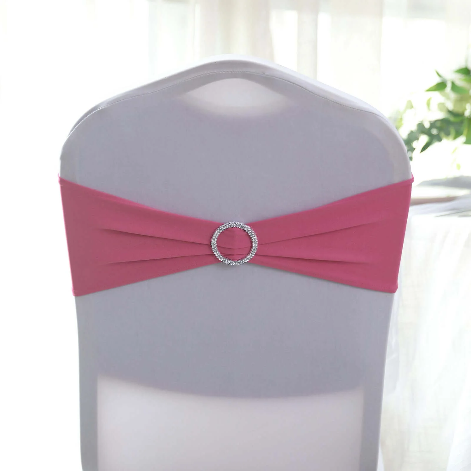 5 Pack Stretch Spandex Chair Sashes 5"x14" Fuchsia with Silver Diamond Ring Slide Buckle - Durable Fitted Chair Bands - Image 6