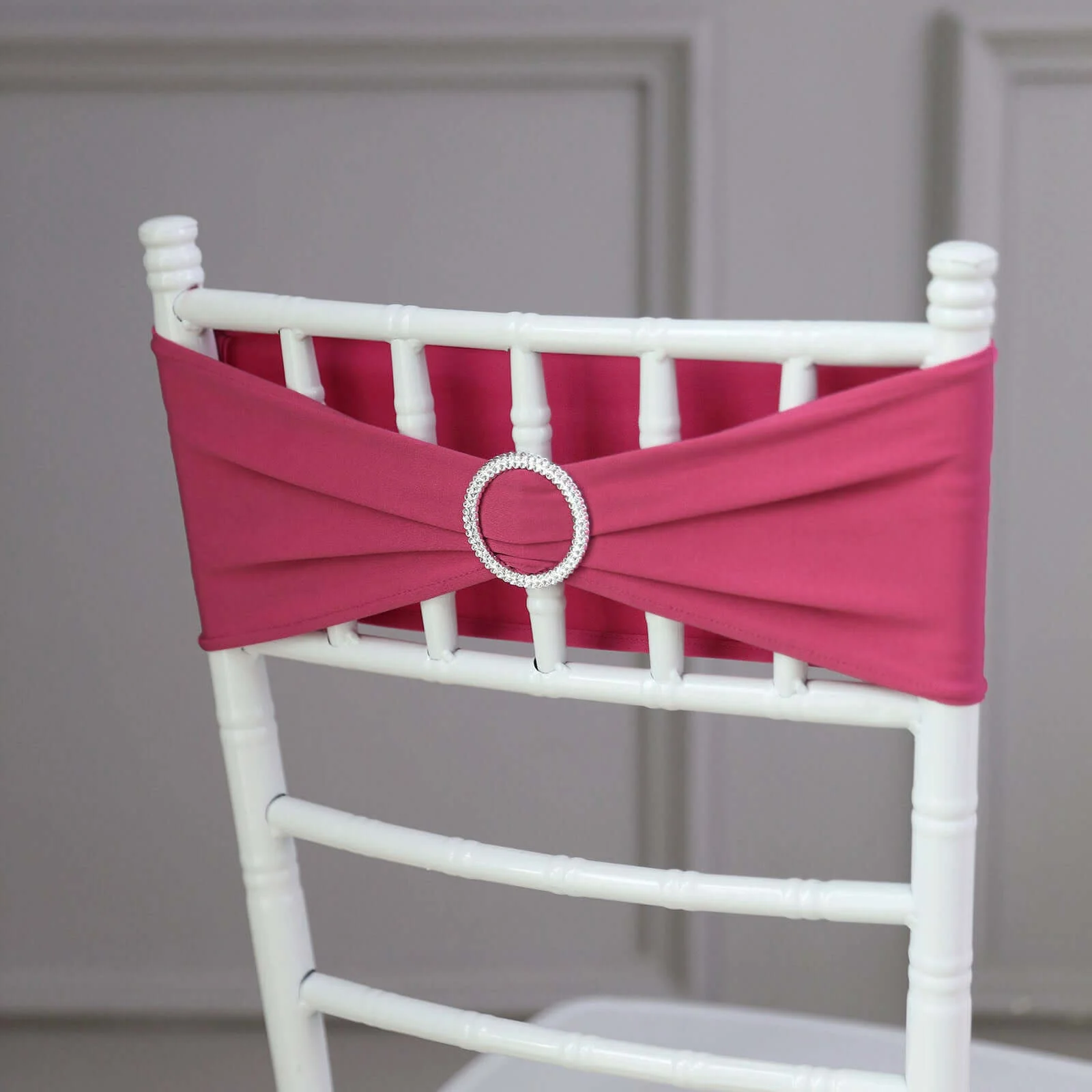 5 Pack Stretch Spandex Chair Sashes 5"x14" Fuchsia with Silver Diamond Ring Slide Buckle - Durable Fitted Chair Bands - Image 9