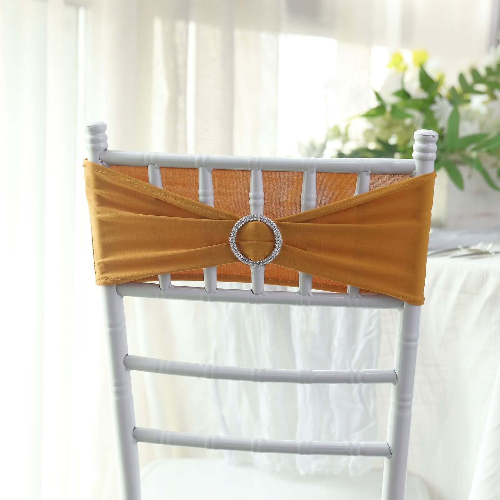 5 Pack Stretch Spandex Chair Sashes 5"x14" Gold with Silver Diamond Ring Slide Buckle - Luxe Durable Fitted Chair Bands for Weddings & Events - Image 10