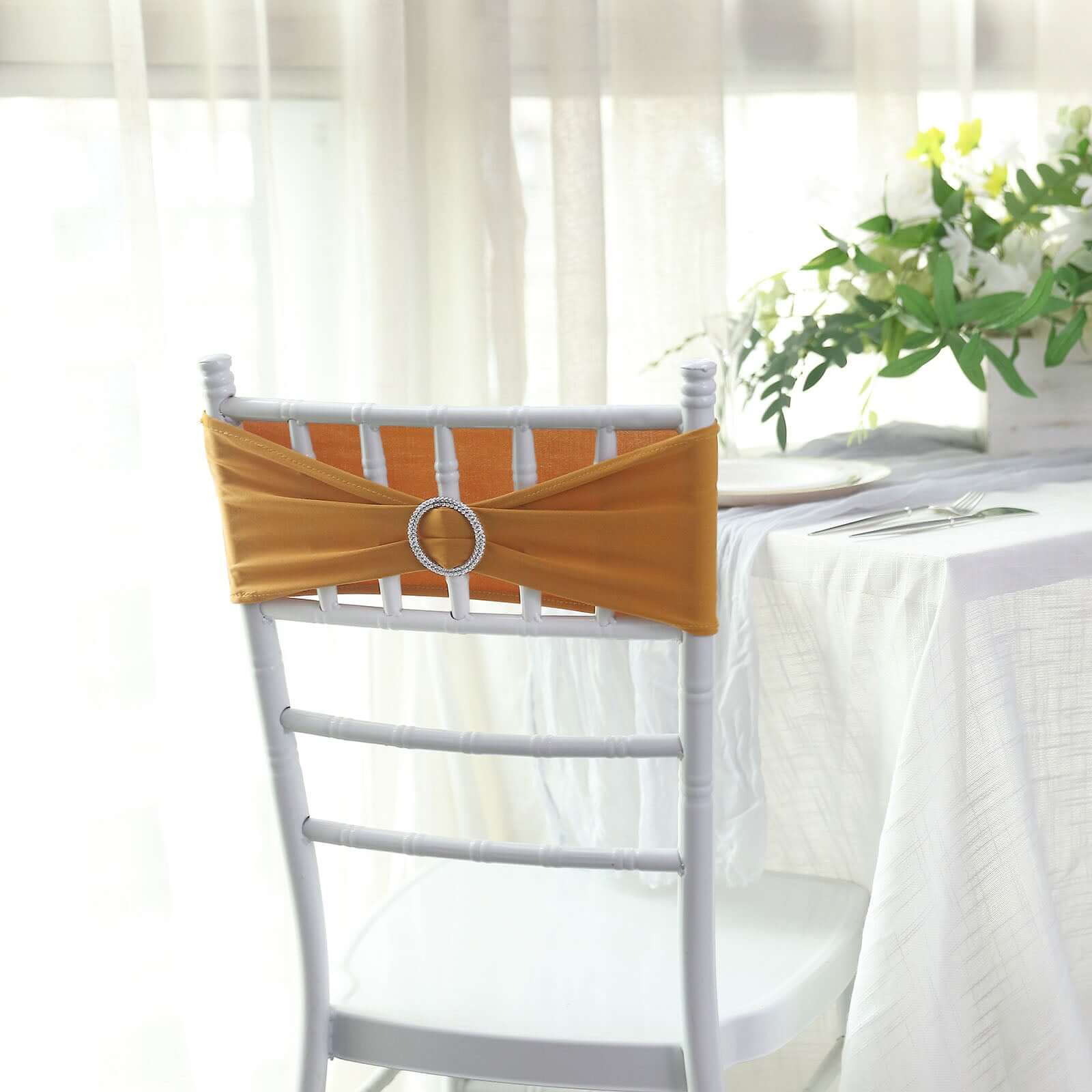 5 Pack Stretch Spandex Chair Sashes 5"x14" Gold with Silver Diamond Ring Slide Buckle - Luxe Durable Fitted Chair Bands for Weddings & Events - Image 11