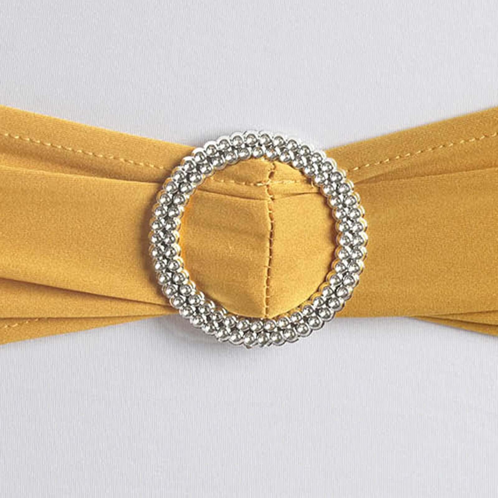 5 Pack Stretch Spandex Chair Sashes 5"x14" Gold with Silver Diamond Ring Slide Buckle - Luxe Durable Fitted Chair Bands for Weddings & Events - Image 13
