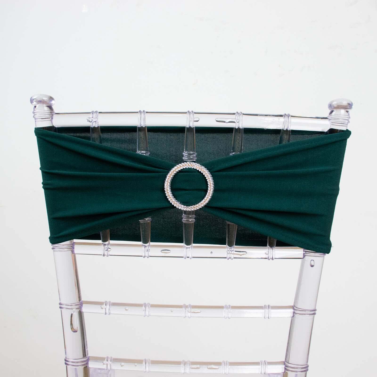 5 Pack Stretch Spandex Chair Sashes 5"x14" Hunter Emerald Green with Silver Diamond Ring Slide Buckle - Durable Fitted Chair Bands