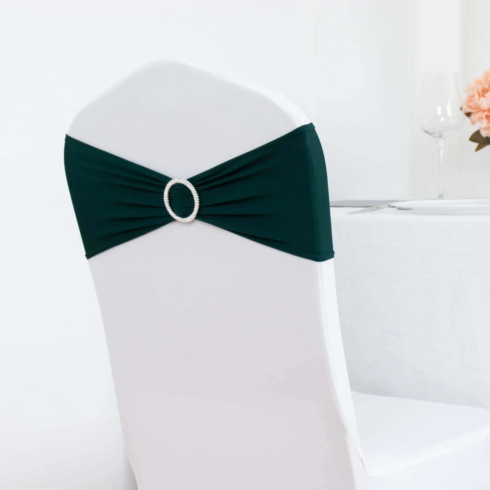 5 Pack Stretch Spandex Chair Sashes 5"x14" Hunter Emerald Green with Silver Diamond Ring Slide Buckle - Durable Fitted Chair Bands - Image 6