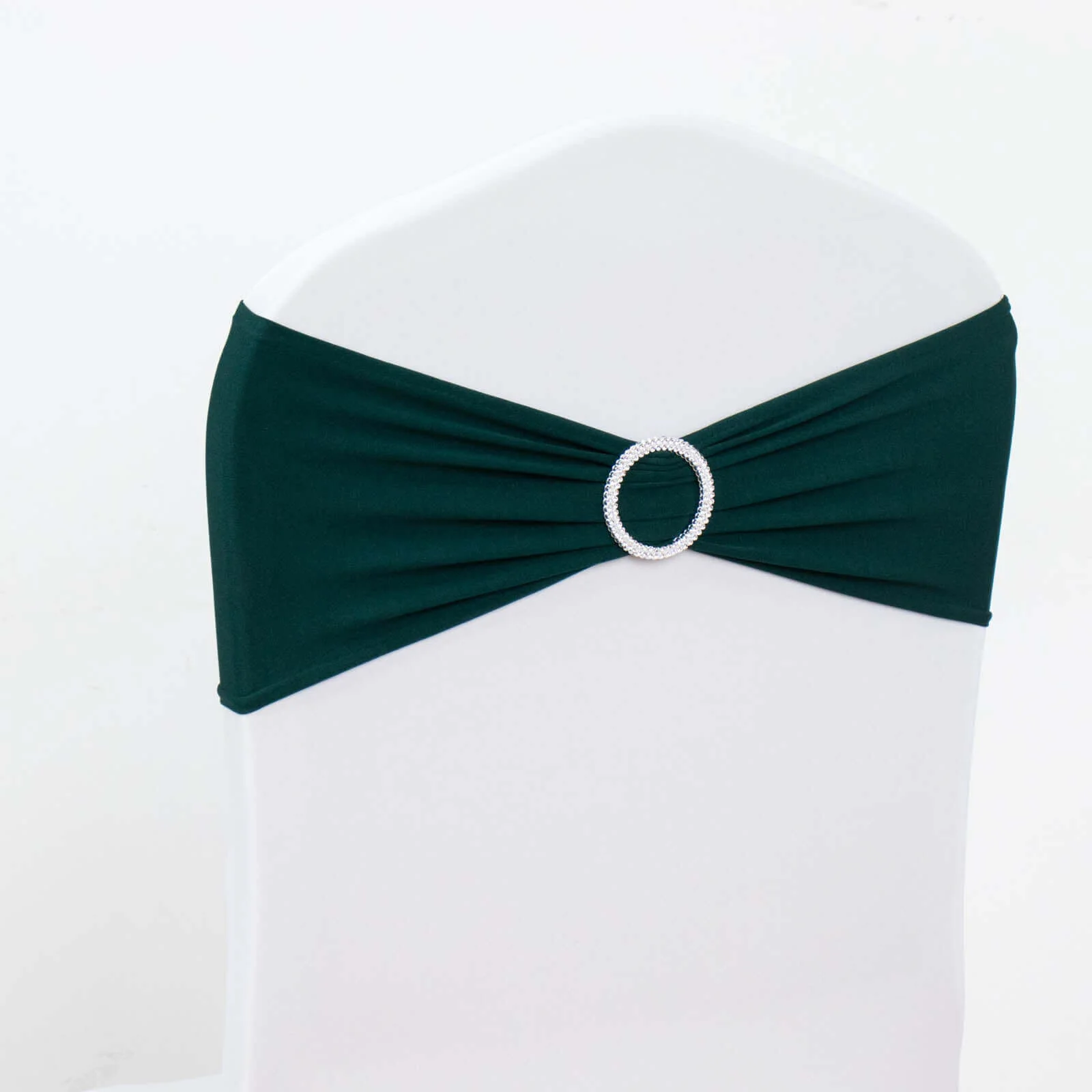 5 Pack Stretch Spandex Chair Sashes 5"x14" Hunter Emerald Green with Silver Diamond Ring Slide Buckle - Durable Fitted Chair Bands - Image 9