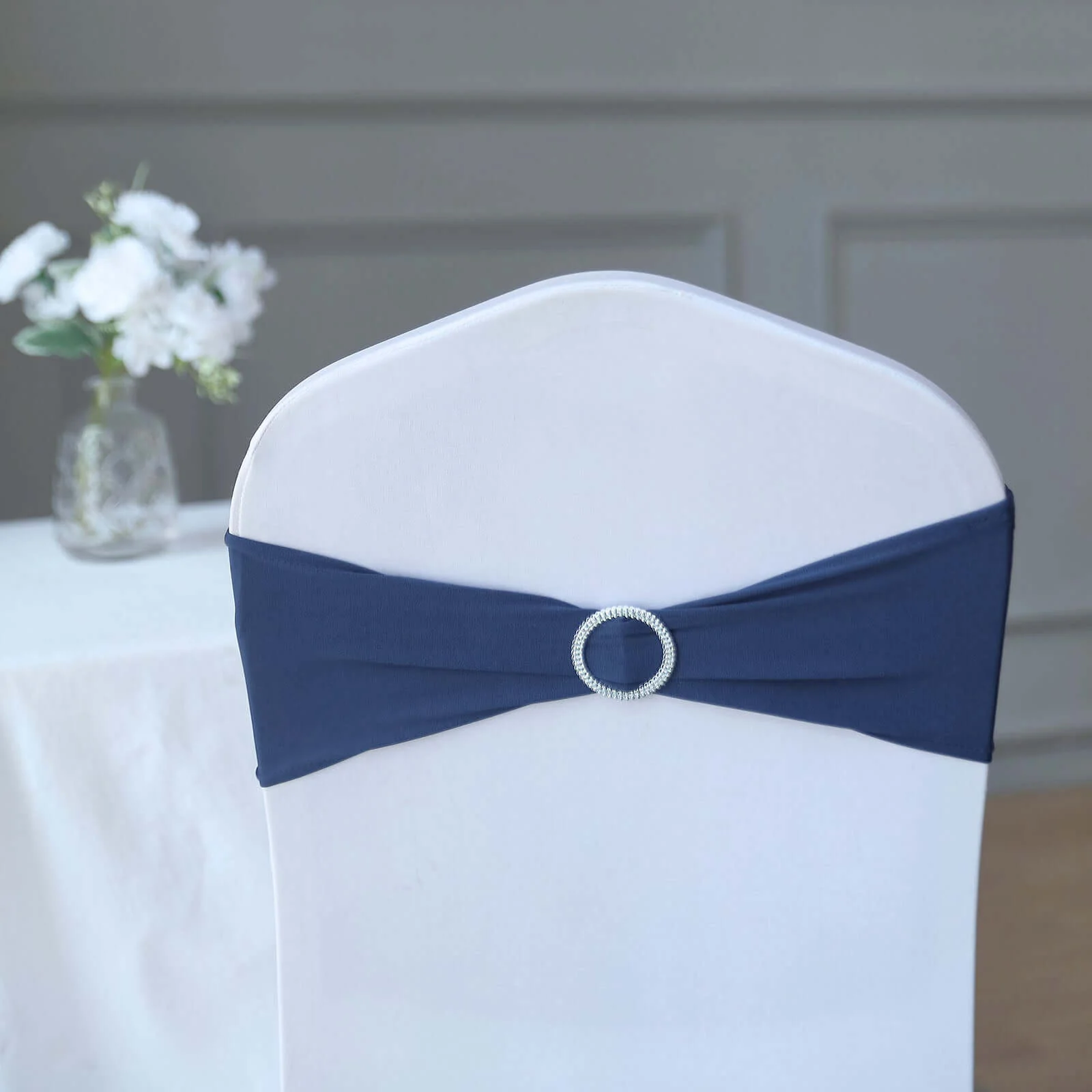 5 Pack Stretch Spandex Chair Sashes 5"x14" Navy Blue with Silver Diamond Ring Slide Buckle - Durable Fitted Chair Bands