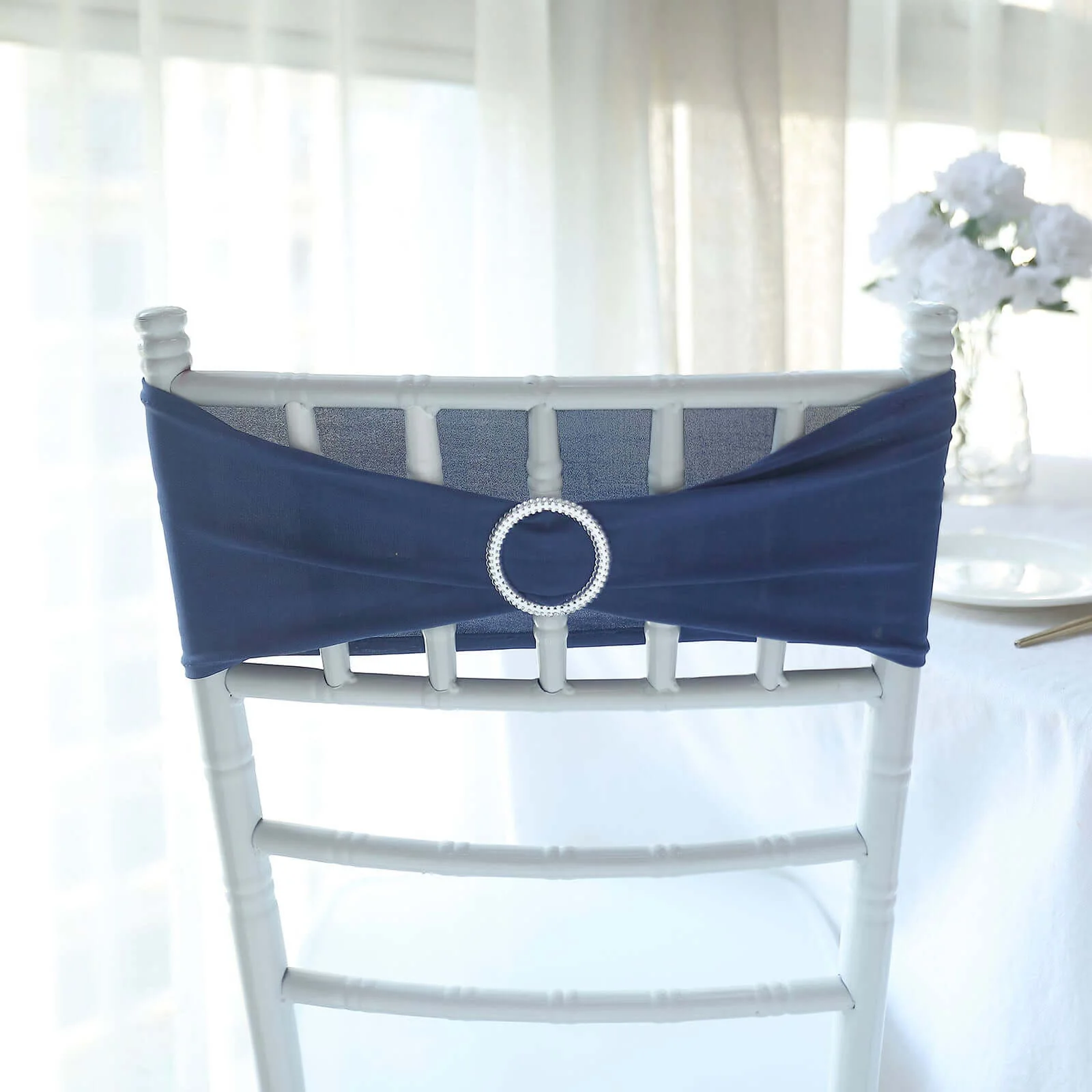 5 Pack Stretch Spandex Chair Sashes 5"x14" Navy Blue with Silver Diamond Ring Slide Buckle - Durable Fitted Chair Bands - Image 7