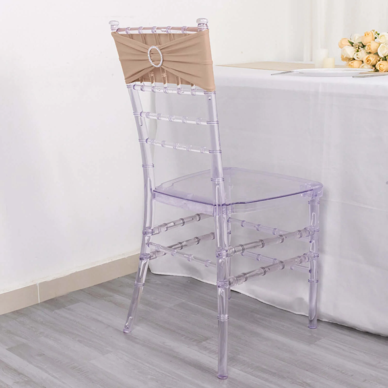 5 Pack Stretch Spandex Chair Sashes 5"x14" Nude with Silver Diamond Ring Slide Buckle - Durable Fitted Chair Bands - Image 2