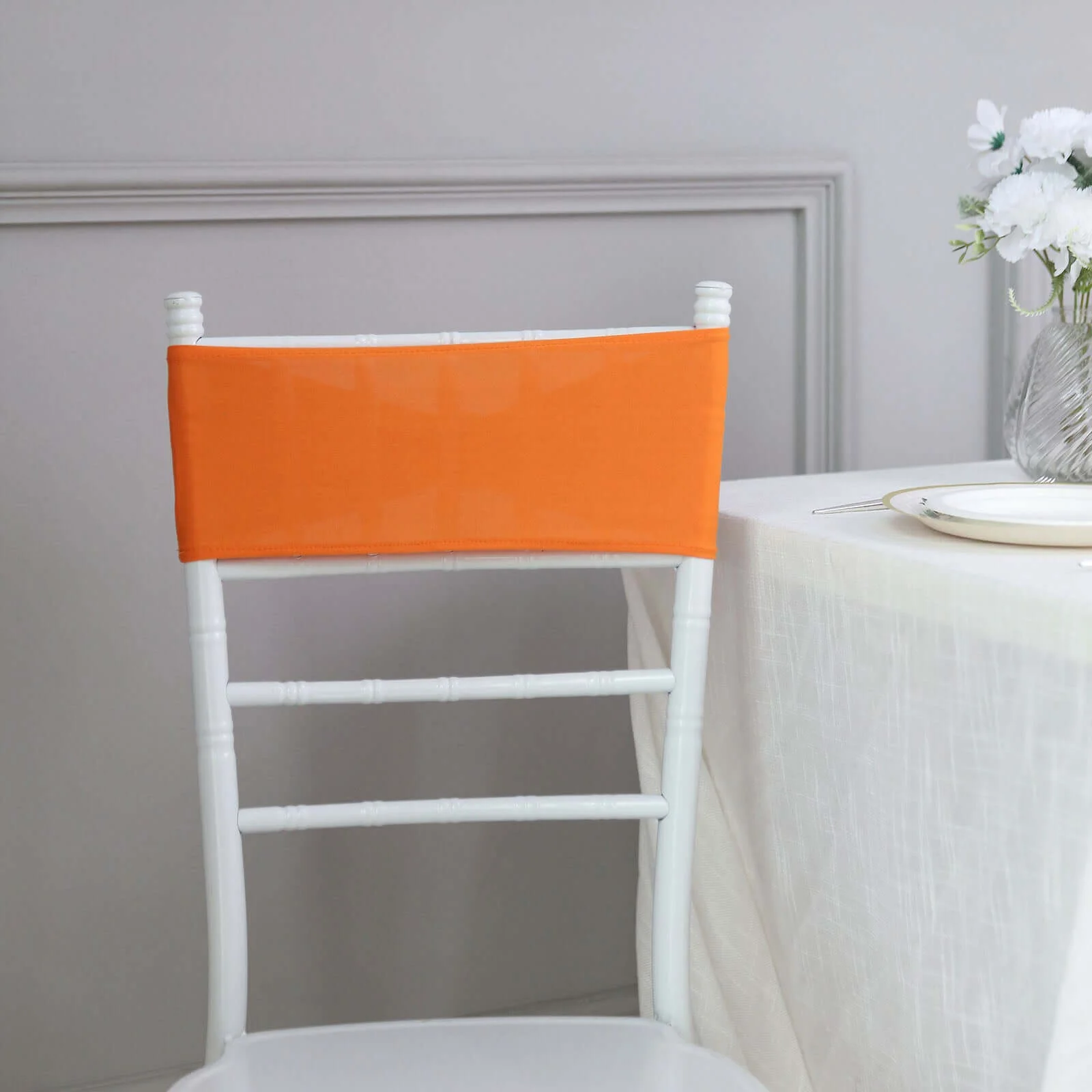 5 Pack Stretch Spandex Chair Sashes 5"x14" Orange with Silver Diamond Ring Slide Buckle - Durable Fitted Chair Bands - Image 2