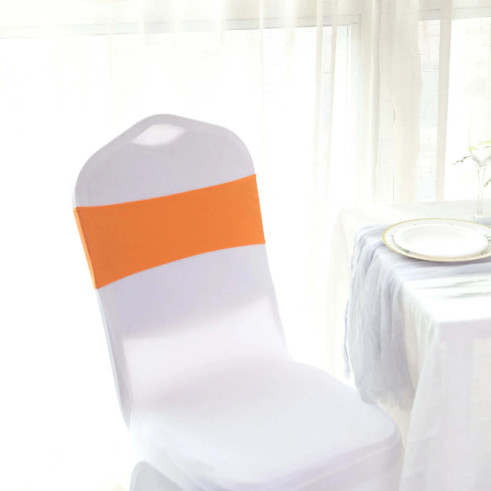 5 Pack Stretch Spandex Chair Sashes 5"x14" Orange with Silver Diamond Ring Slide Buckle - Durable Fitted Chair Bands - Image 8