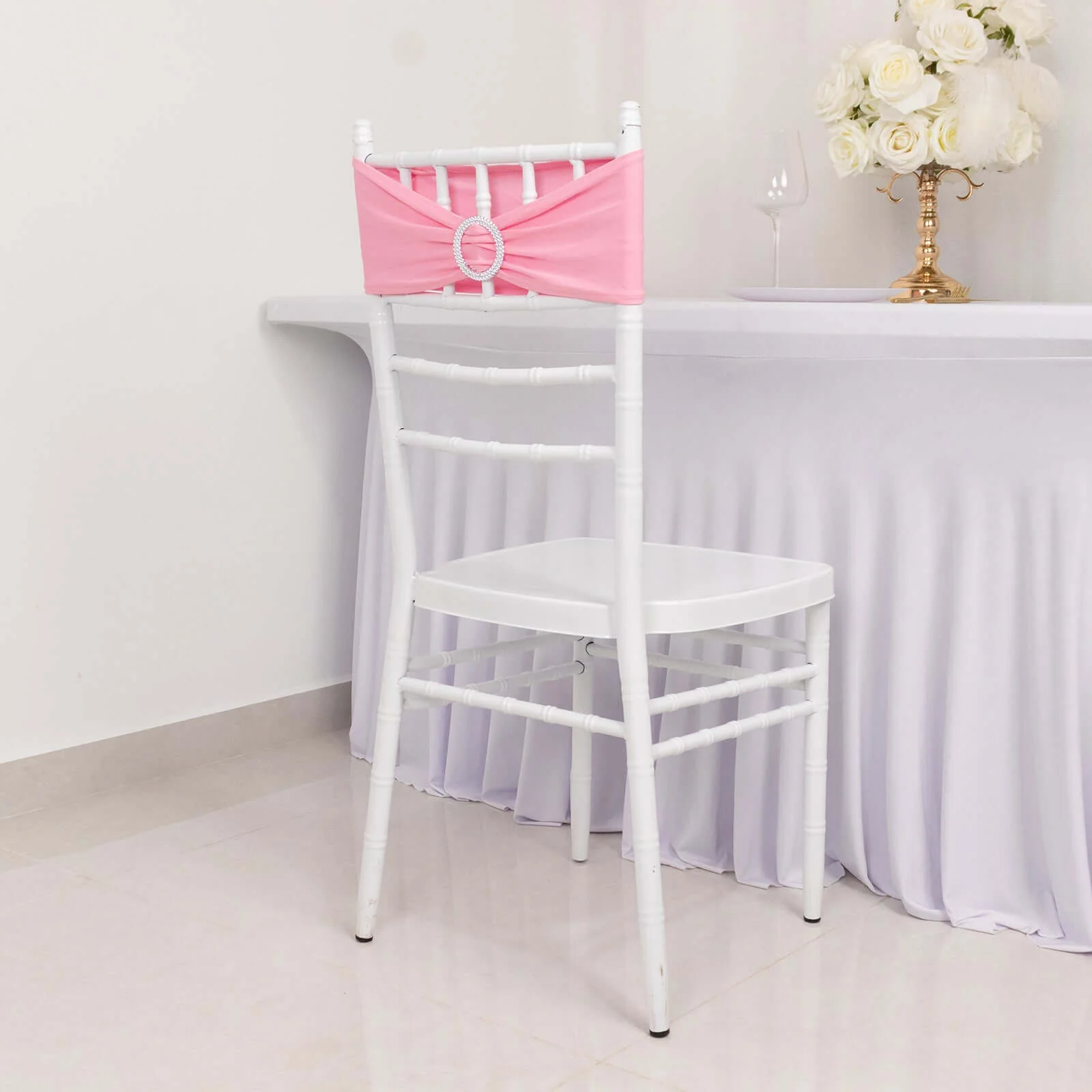 5 Pack Stretch Spandex Chair Sashes 5"x14" Pink with Silver Diamond Ring Slide Buckle - Durable Fitted Chair Bands - Image 2
