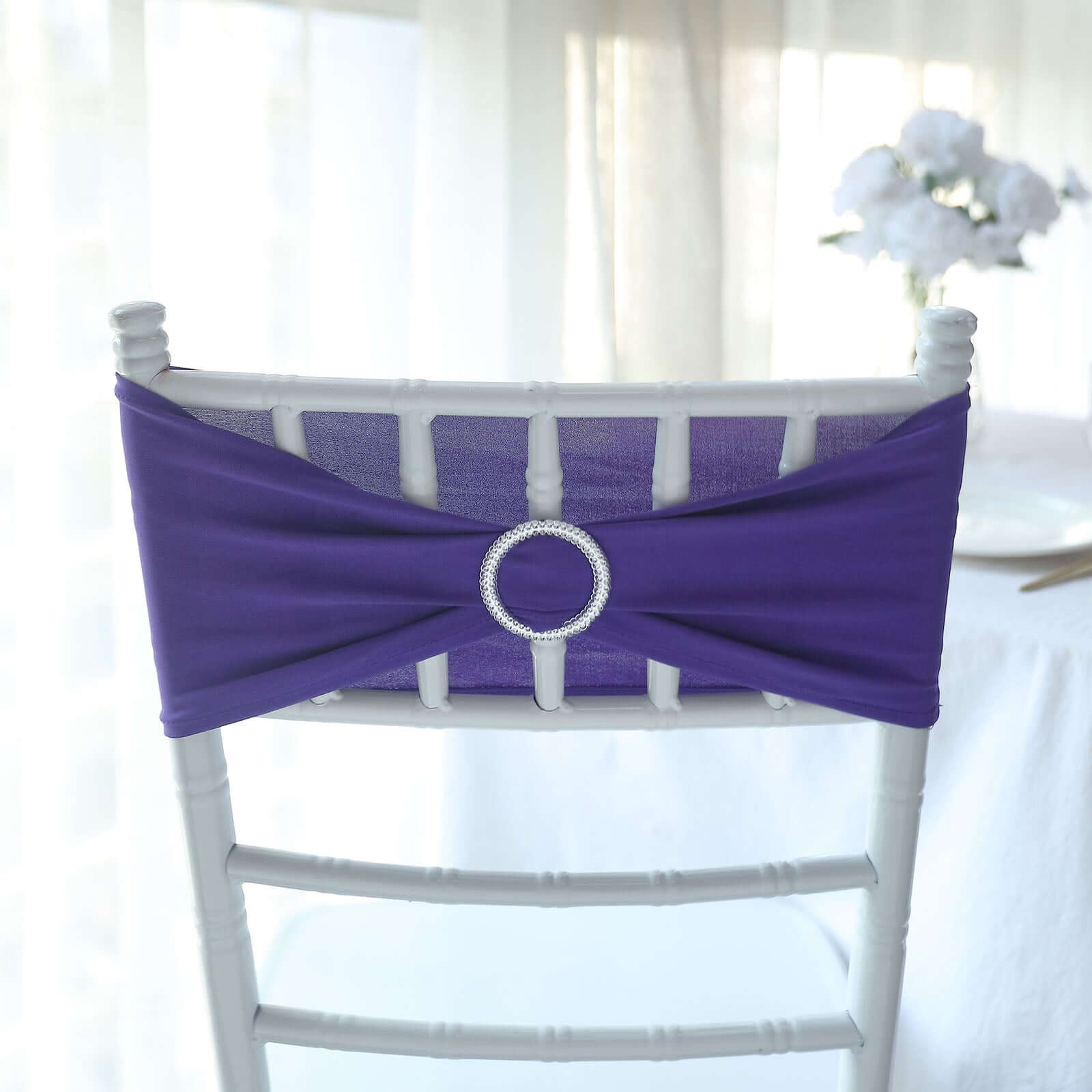 5 Pack Stretch Spandex Chair Sashes 5"x14" Purple with Silver Diamond Ring Slide Buckle - Durable Fitted Chair Bands - Image 11