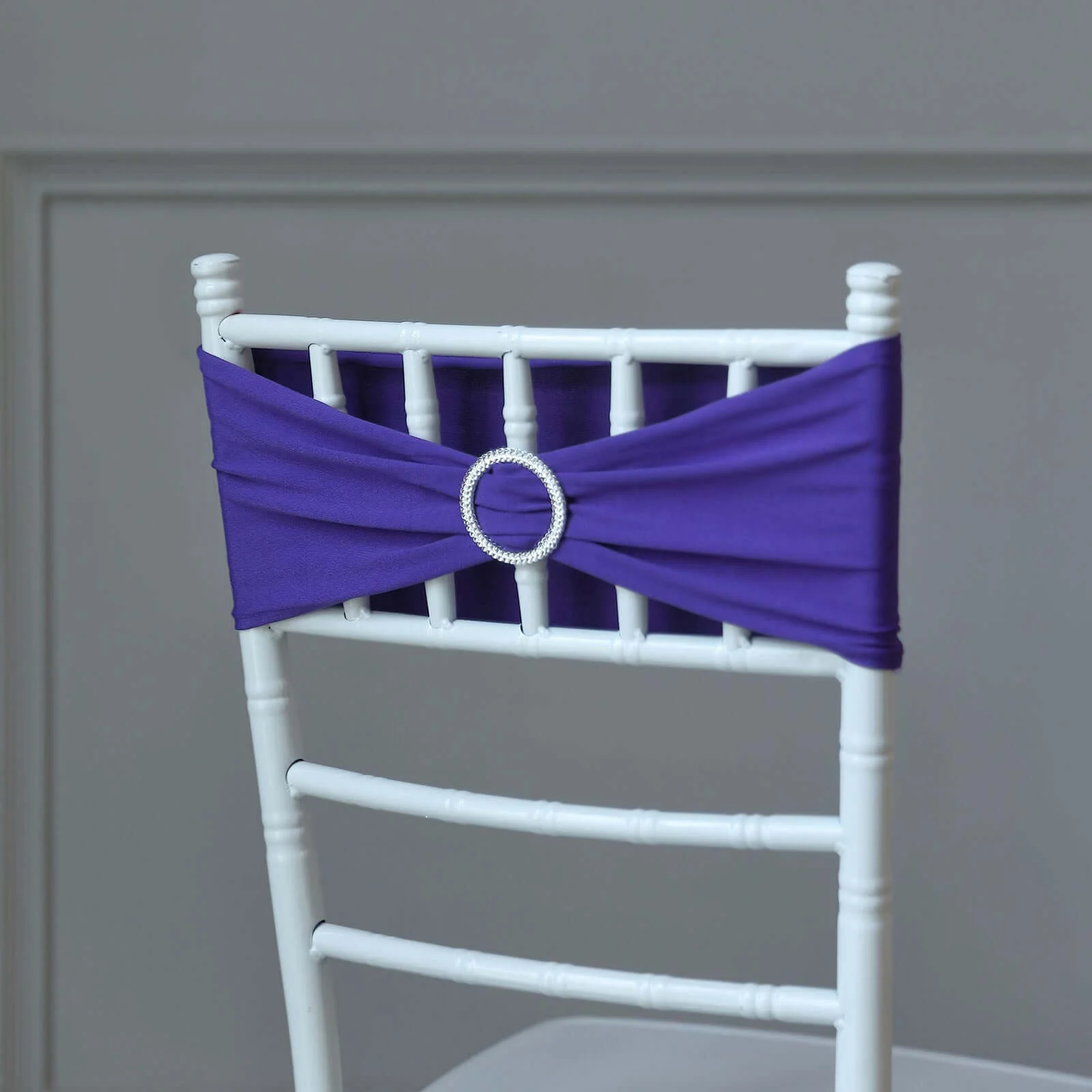 5 Pack Stretch Spandex Chair Sashes 5"x14" Purple with Silver Diamond Ring Slide Buckle - Durable Fitted Chair Bands - Image 2