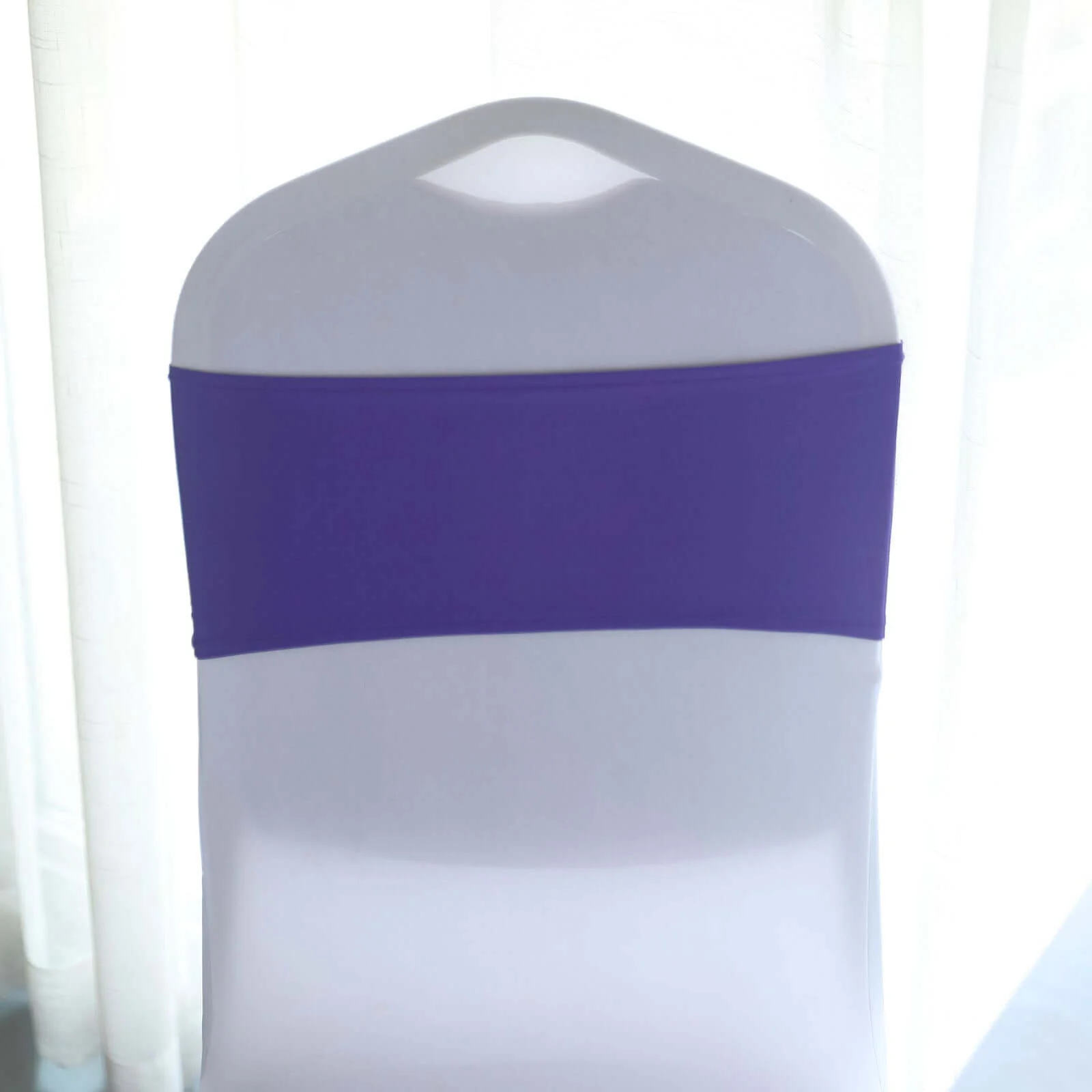 5 Pack Stretch Spandex Chair Sashes 5"x14" Purple with Silver Diamond Ring Slide Buckle - Durable Fitted Chair Bands - Image 6