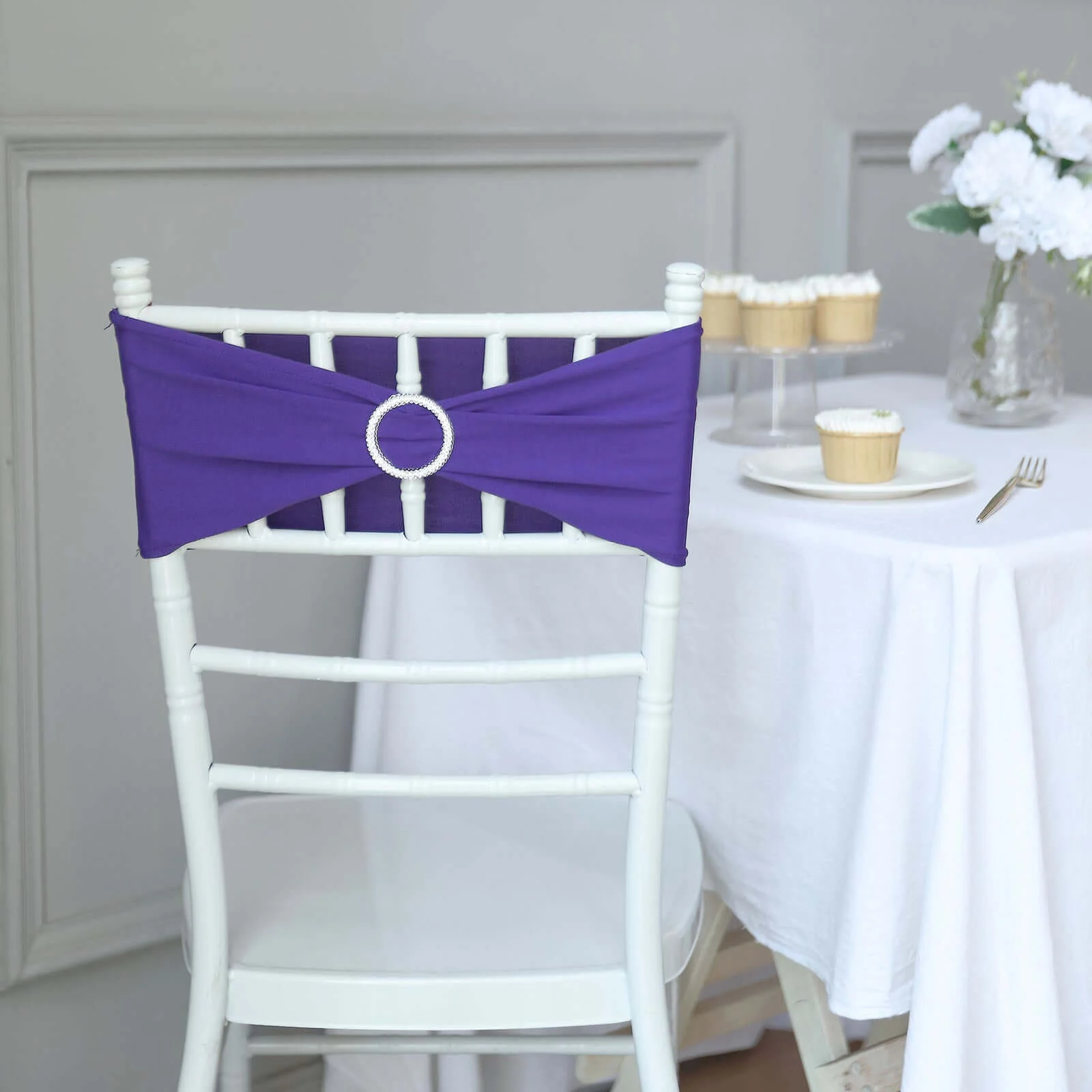 5 Pack Stretch Spandex Chair Sashes 5"x14" Purple with Silver Diamond Ring Slide Buckle - Durable Fitted Chair Bands - Image 8