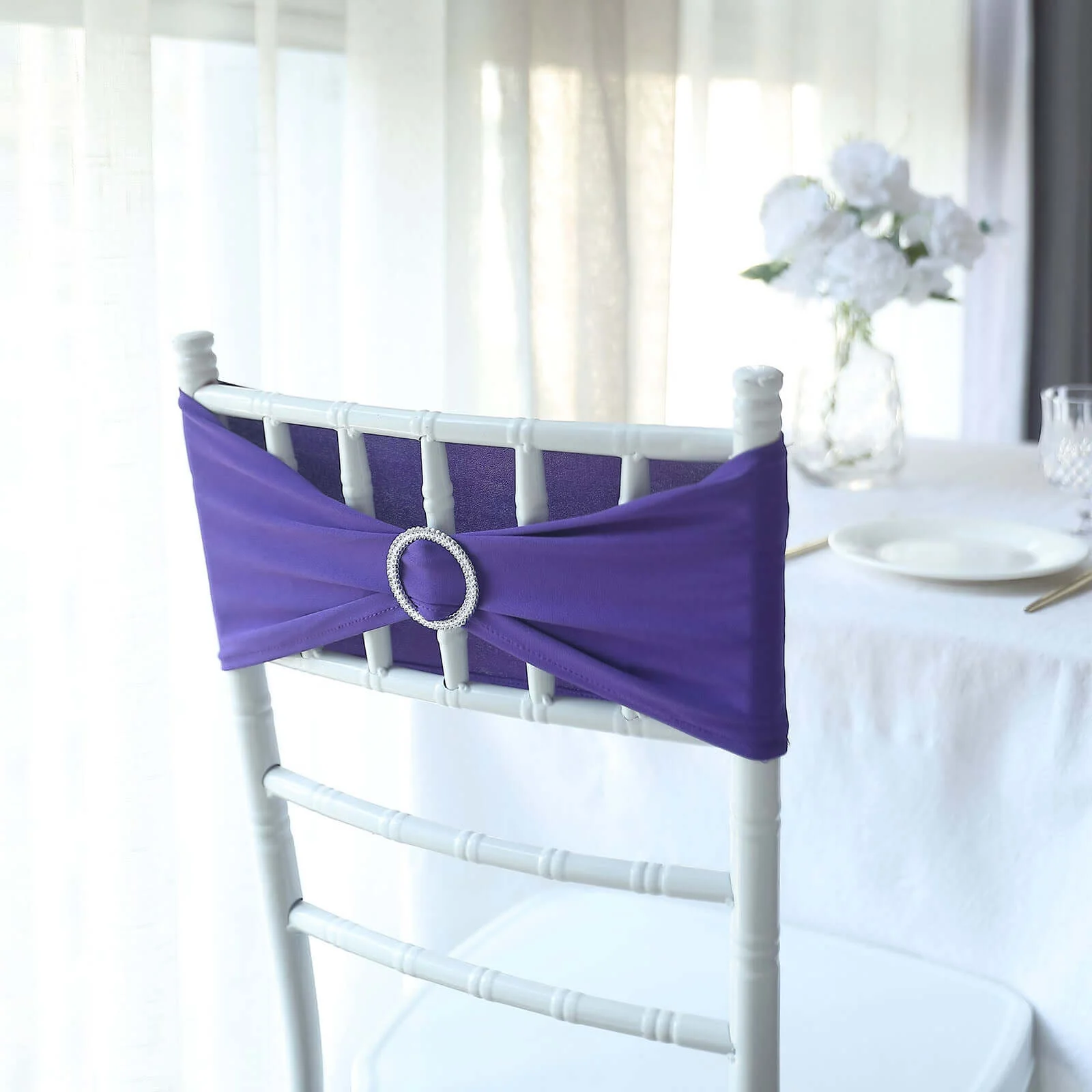 5 Pack Stretch Spandex Chair Sashes 5"x14" Purple with Silver Diamond Ring Slide Buckle - Durable Fitted Chair Bands - Image 9