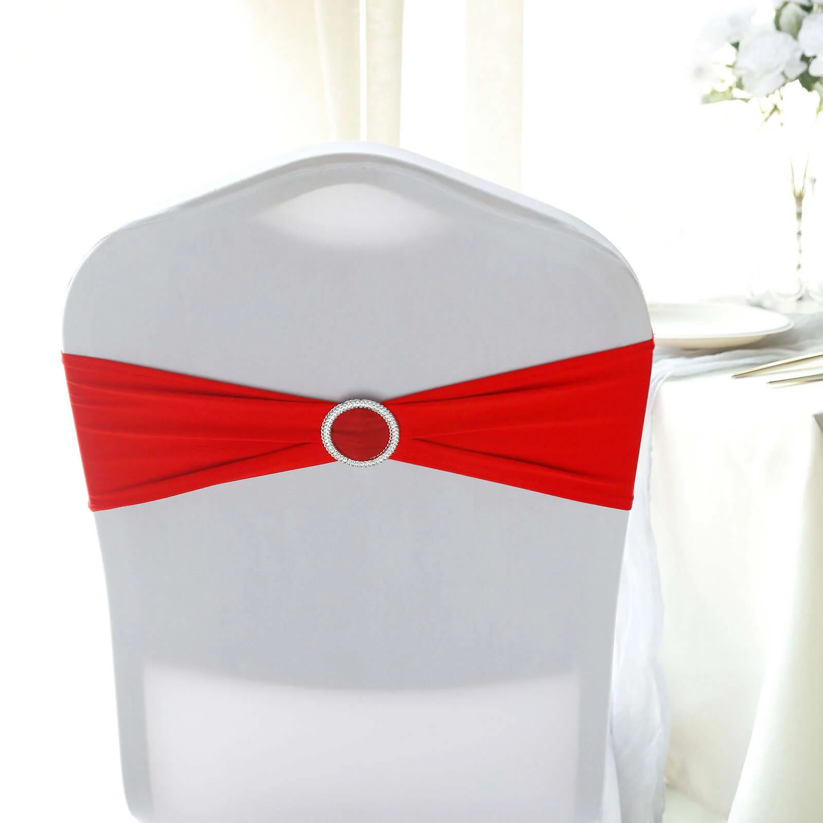 5 Pack Stretch Spandex Chair Sashes 5"x14" Red with Silver Diamond Ring Slide Buckle - Durable Fitted Chair Bands - Image 6