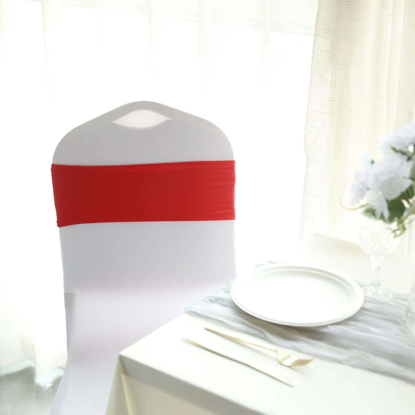 5 Pack Stretch Spandex Chair Sashes 5"x14" Red with Silver Diamond Ring Slide Buckle - Durable Fitted Chair Bands - Image 8